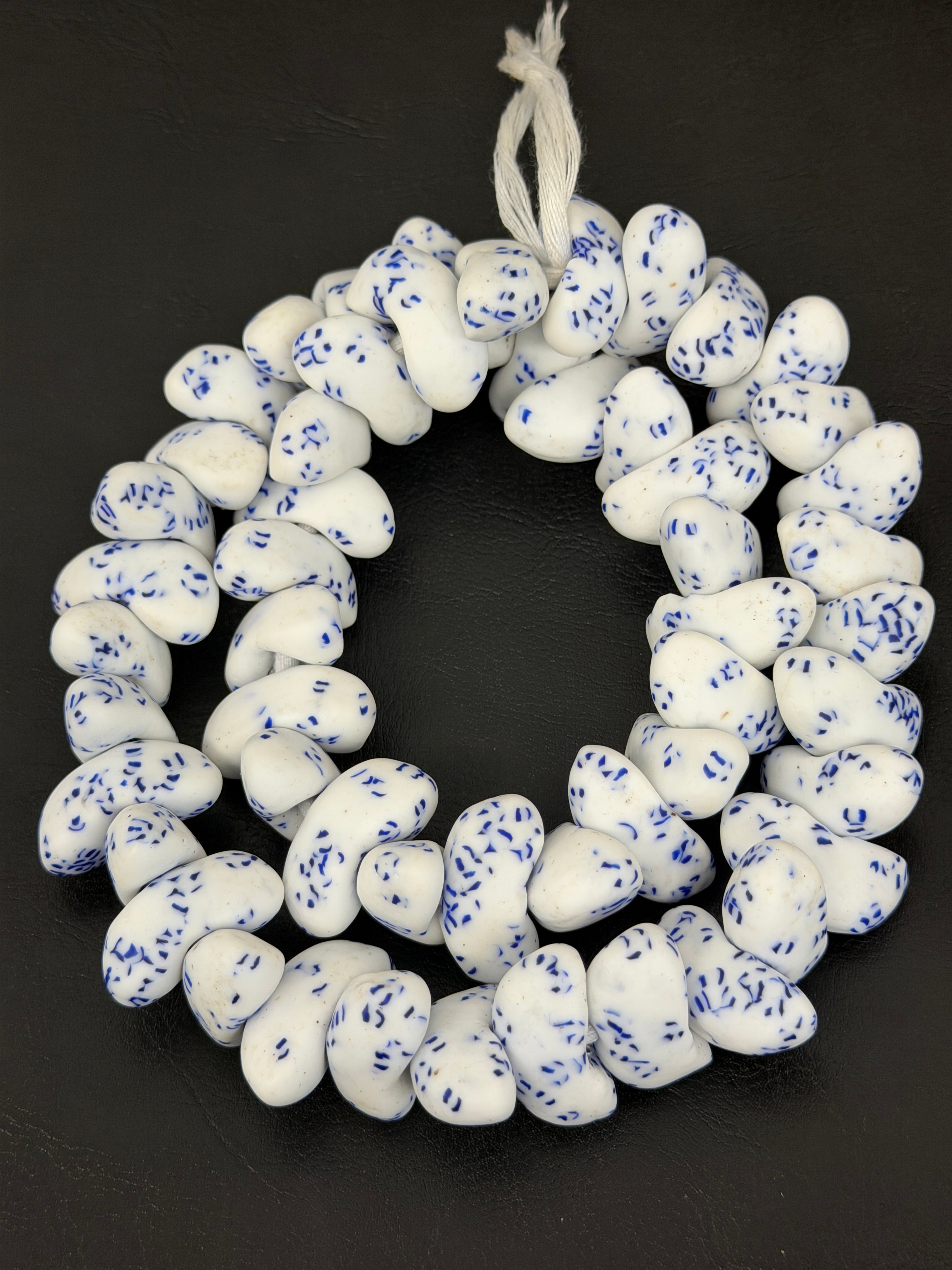 XL White & Cobalt Blue Canoe-Shaped Krobo Powdered Glass Beads | Handmade Recycled Glass Beads from Ghana | African Statement Beads
