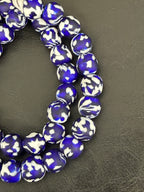 Fused Krobo Recycled Glass Beads 12–14mm | Cobalt Blue, Ivory & Black Handmade African Glass Beads from Ghana