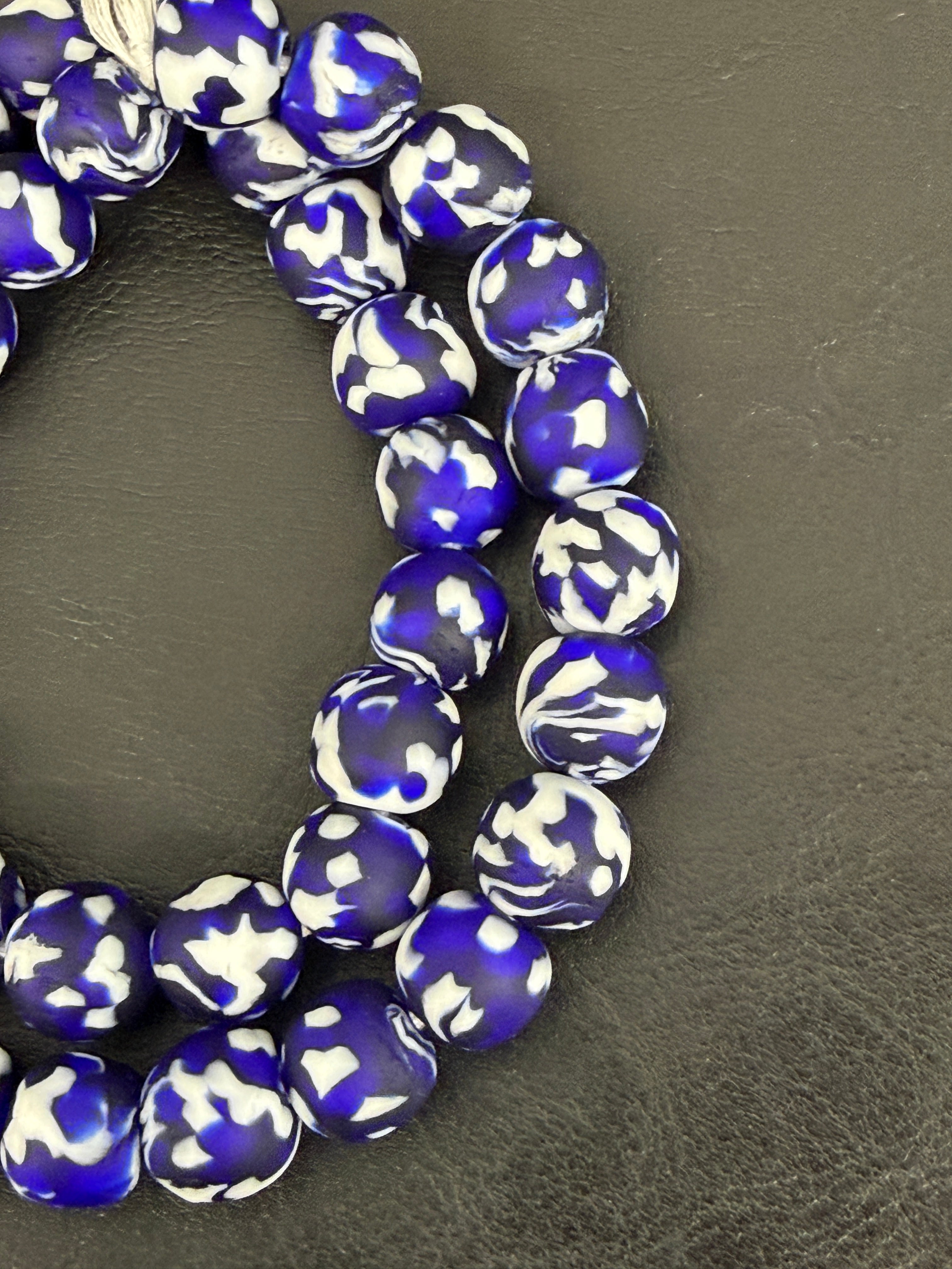Fused Krobo Recycled Glass Beads 12–14mm | Cobalt Blue, Ivory & Black Handmade African Glass Beads from Ghana