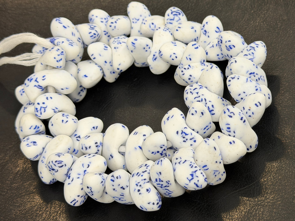 XL White & Cobalt Blue Canoe-Shaped Krobo Powdered Glass Beads | Handmade Recycled Glass Beads from Ghana | African Statement Beads