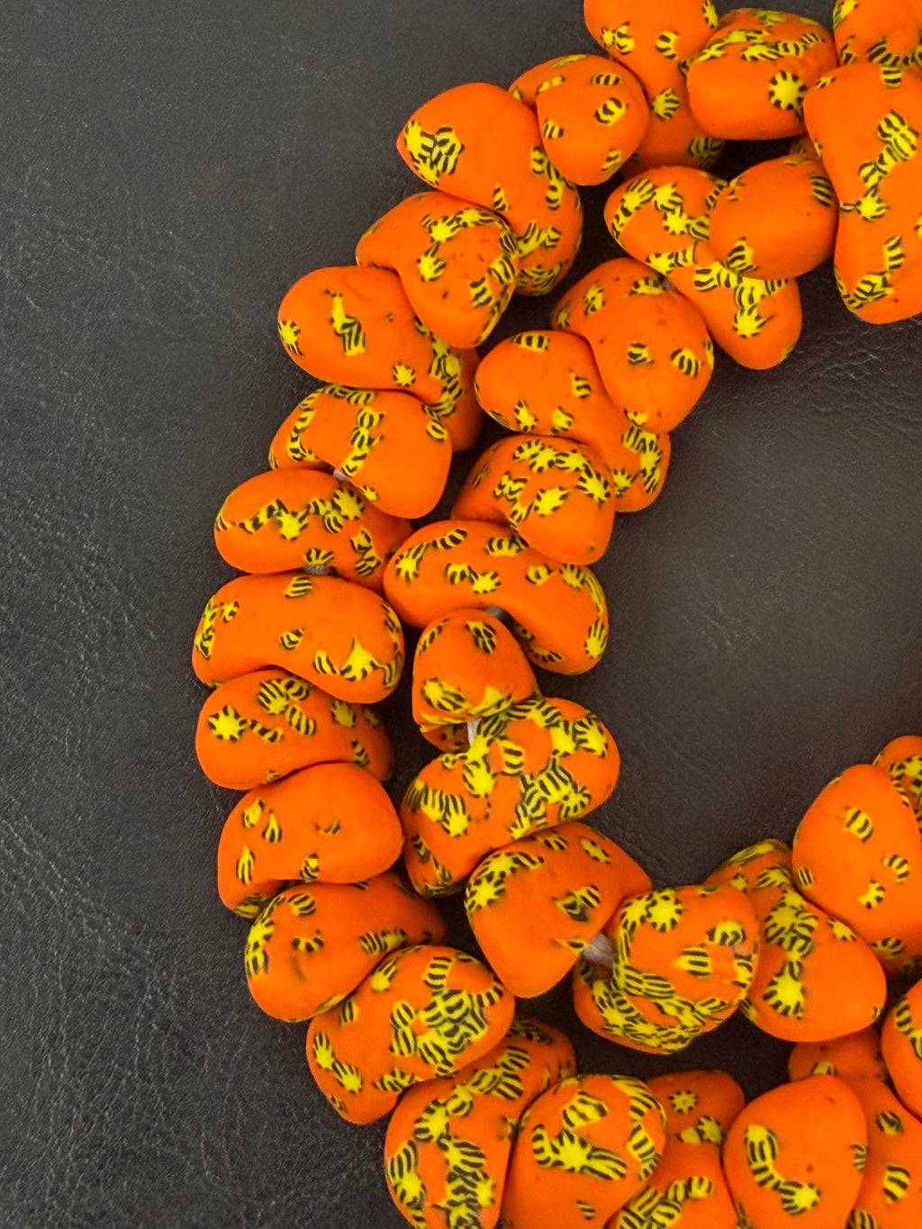 XL Orange Canoe-Shaped Krobo Powdered Glass Beads – Orange & Yellow Patterned African Recycled Glass Beads | Handmade Ghana Glass Beads | Statement Jewelry Beads Strand