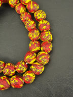 Fused Krobo Recycled Glass Beads 12–14mm | Crimson Red Yellow Handmade African Glass Beads from Ghana