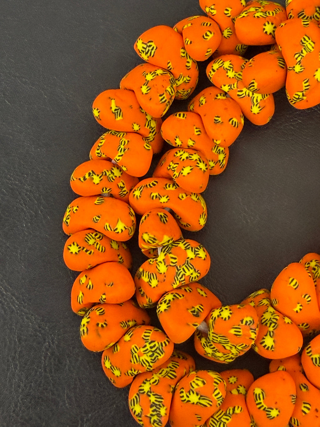 XL Orange Canoe-Shaped Krobo Powdered Glass Beads – Orange & Yellow Patterned African Recycled Glass Beads | Handmade Ghana Glass Beads | Statement Jewelry Beads Strand