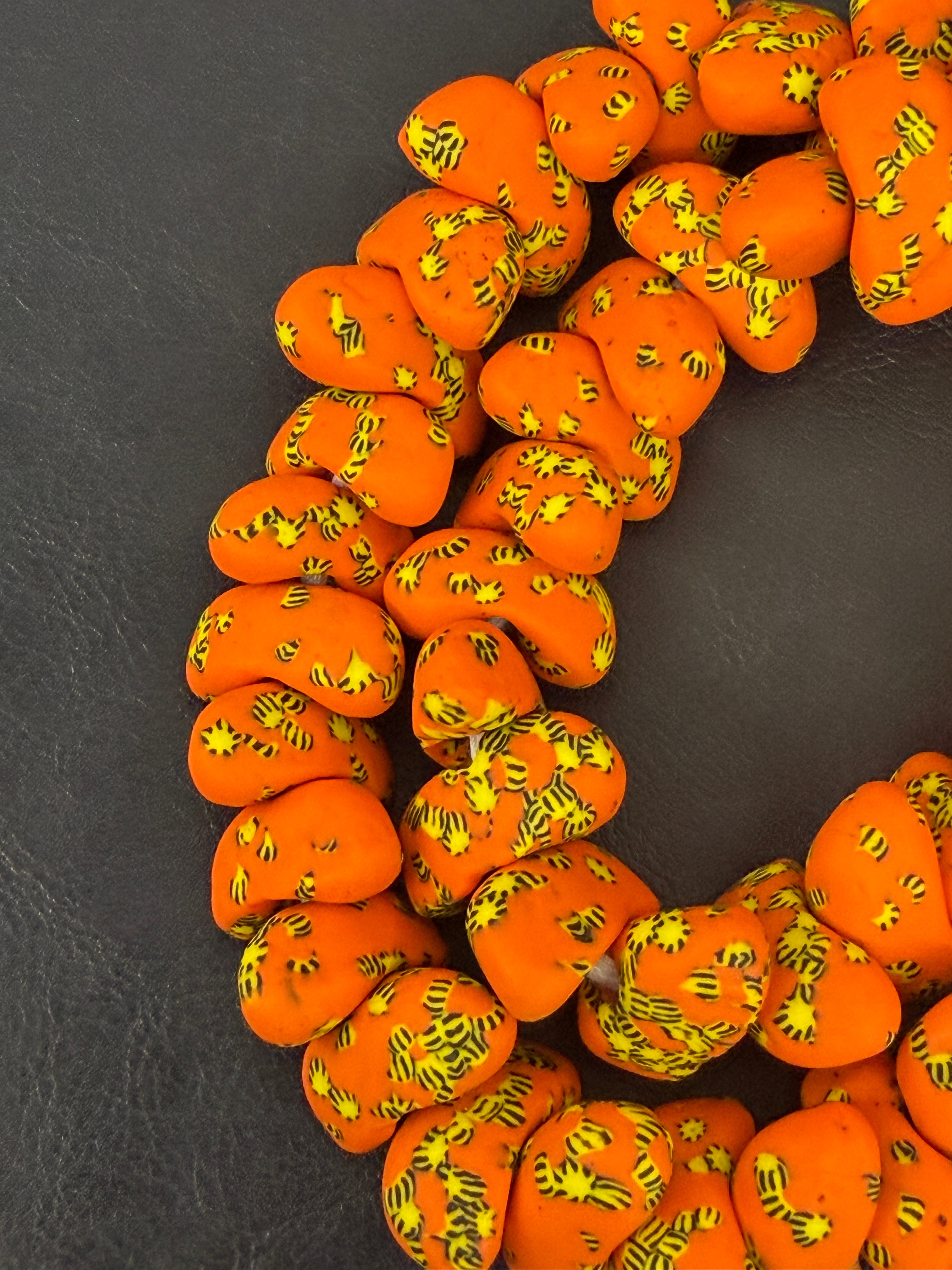 XL Orange Canoe-Shaped Krobo Powdered Glass Beads – Orange & Yellow Patterned African Recycled Glass Beads | Handmade Ghana Glass Beads | Statement Jewelry Beads Strand