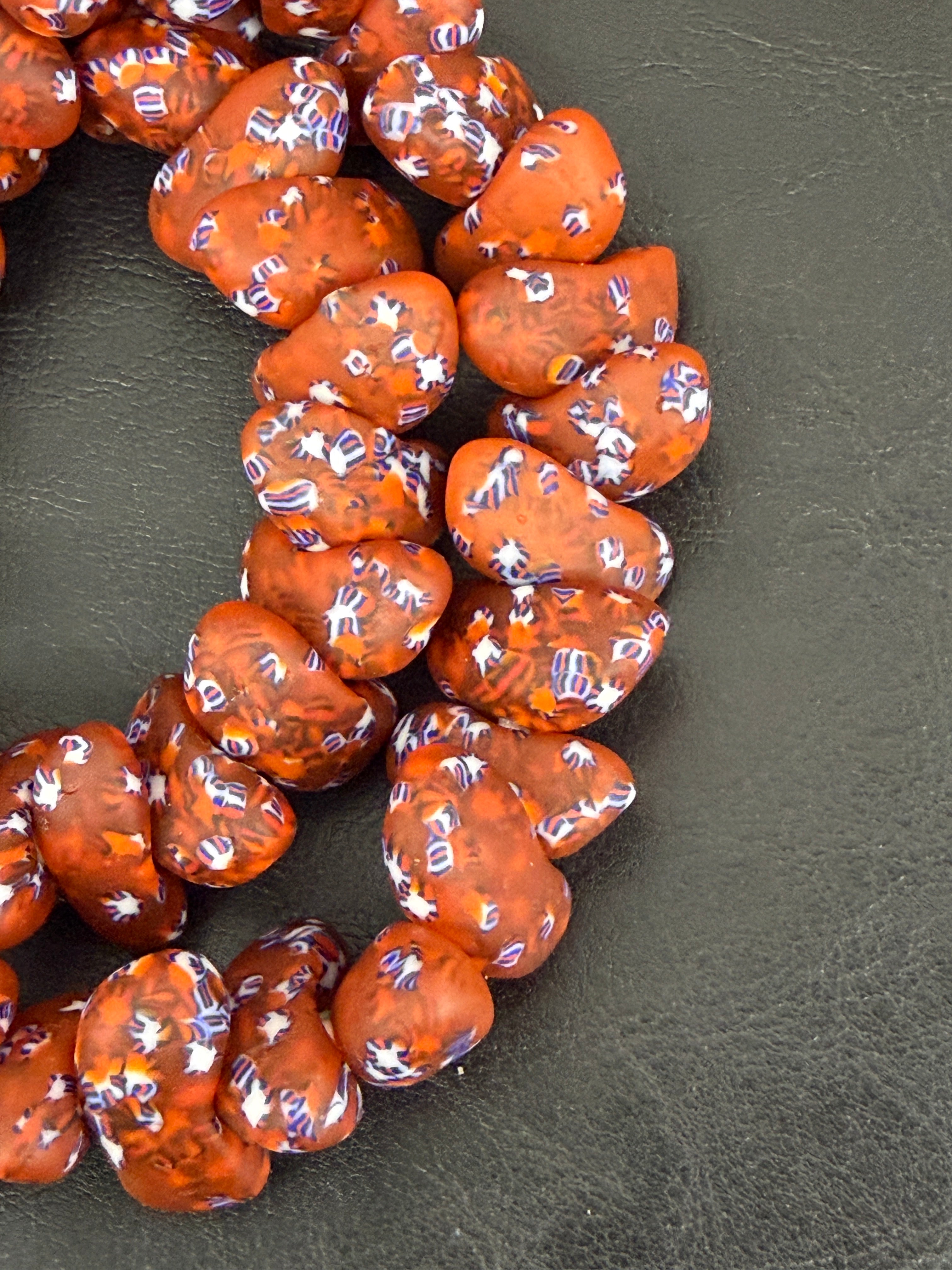 XL Burnt Orange Confetti Canoe-Shaped Krobo Powdered Glass Beads | Handmade Recycled Glass Beads from Ghana | Large Hole African Statement Beads