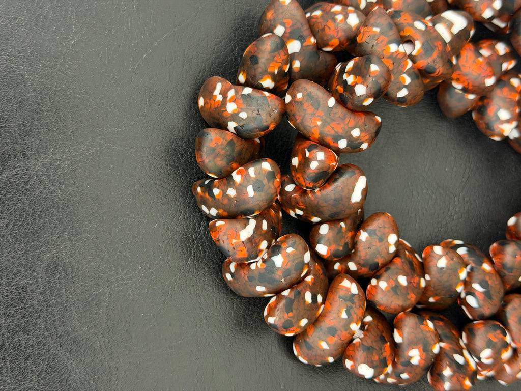 XL Cocoa Ember Canoe-Shaped Krobo Powdered Glass Beads | Brown, Rust & Ivory Recycled Glass Beads | Handmade African Beads from Ghana