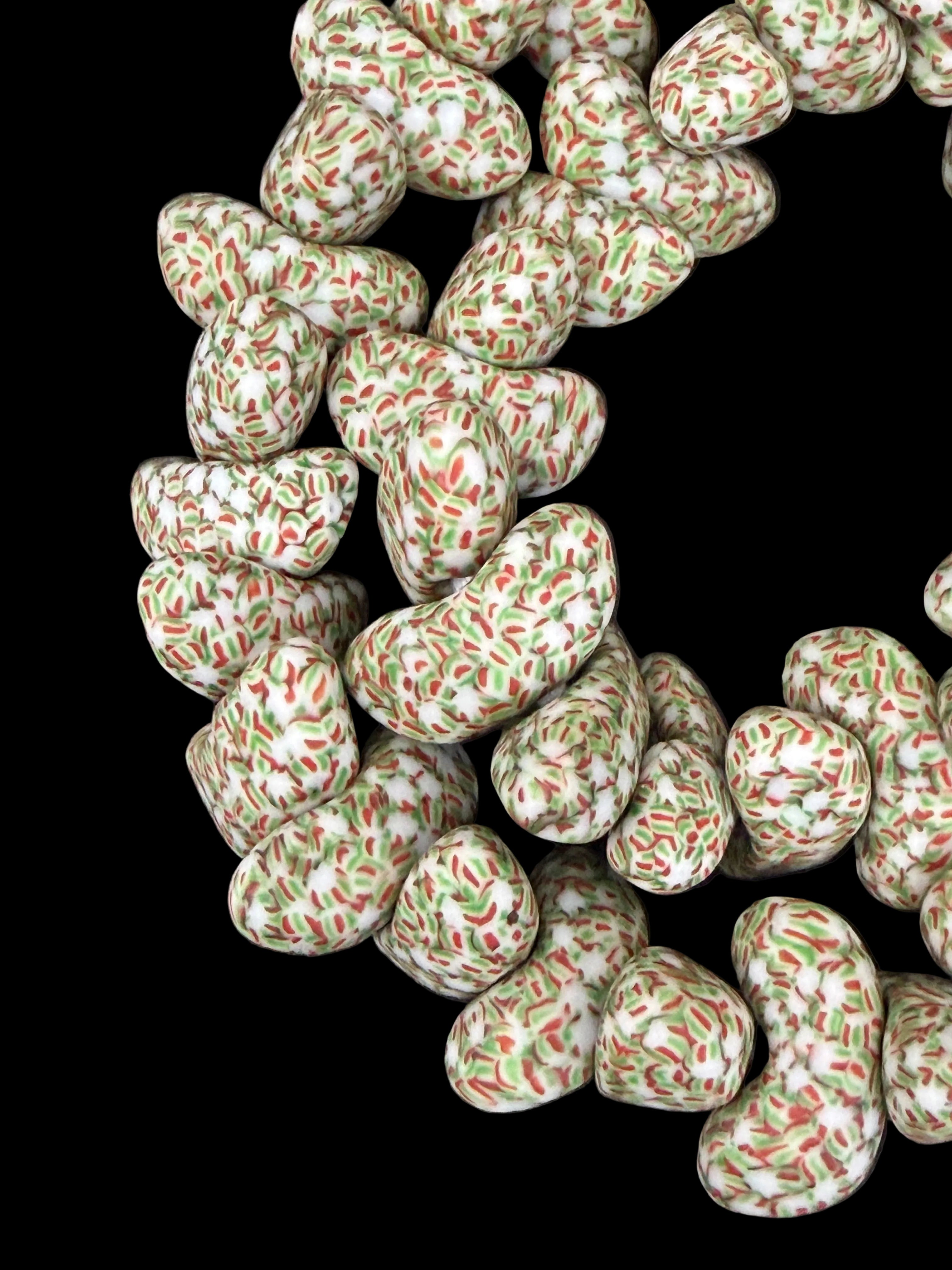 XL Canoe-Shaped Krobo Powdered Glass Beads – White, Green & Coral Patterned African Recycled Glass Beads | Handmade Ghana Glass Beads | Statement Jewelry Beads Strand