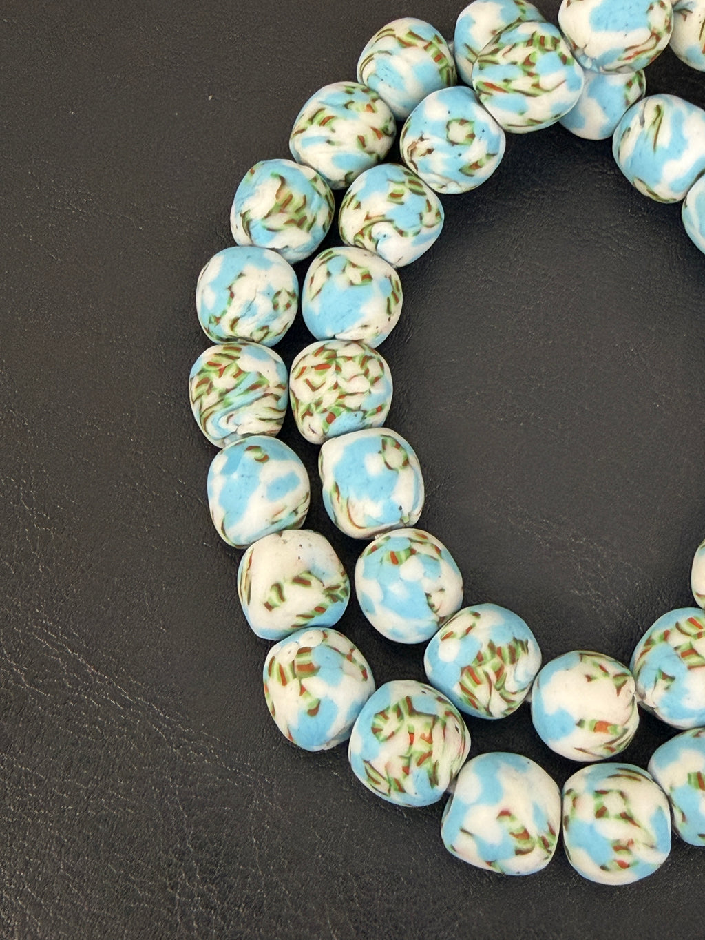 Sky Blue & Ivory Fused Krobo Recycled Glass Beads 12–14mm | Handmade African Glass Beads from Ghana | 44 Beads Per Strand