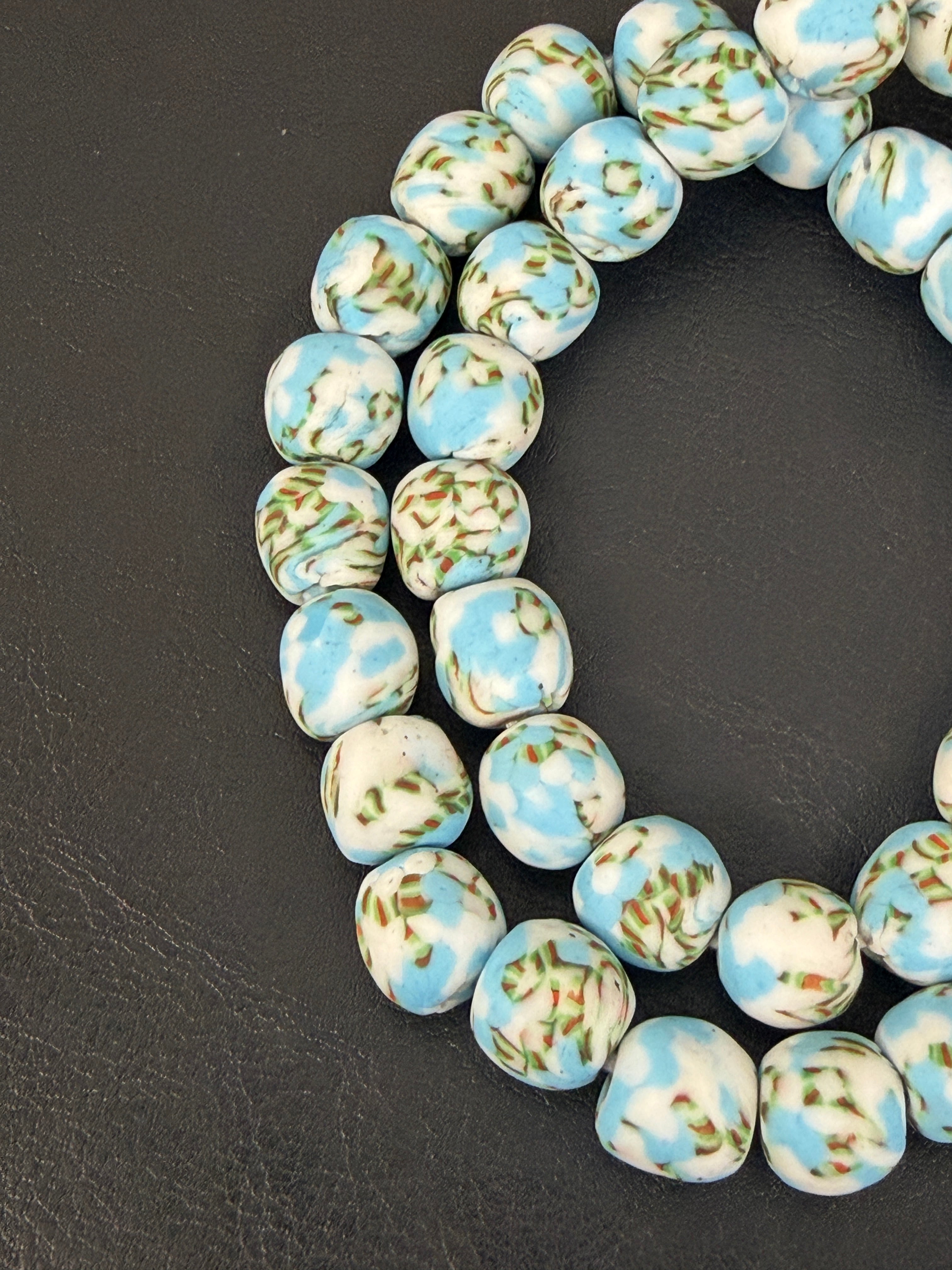 Sky Blue & Ivory Fused Krobo Recycled Glass Beads 12–14mm | Handmade African Glass Beads from Ghana | 44 Beads Per Strand