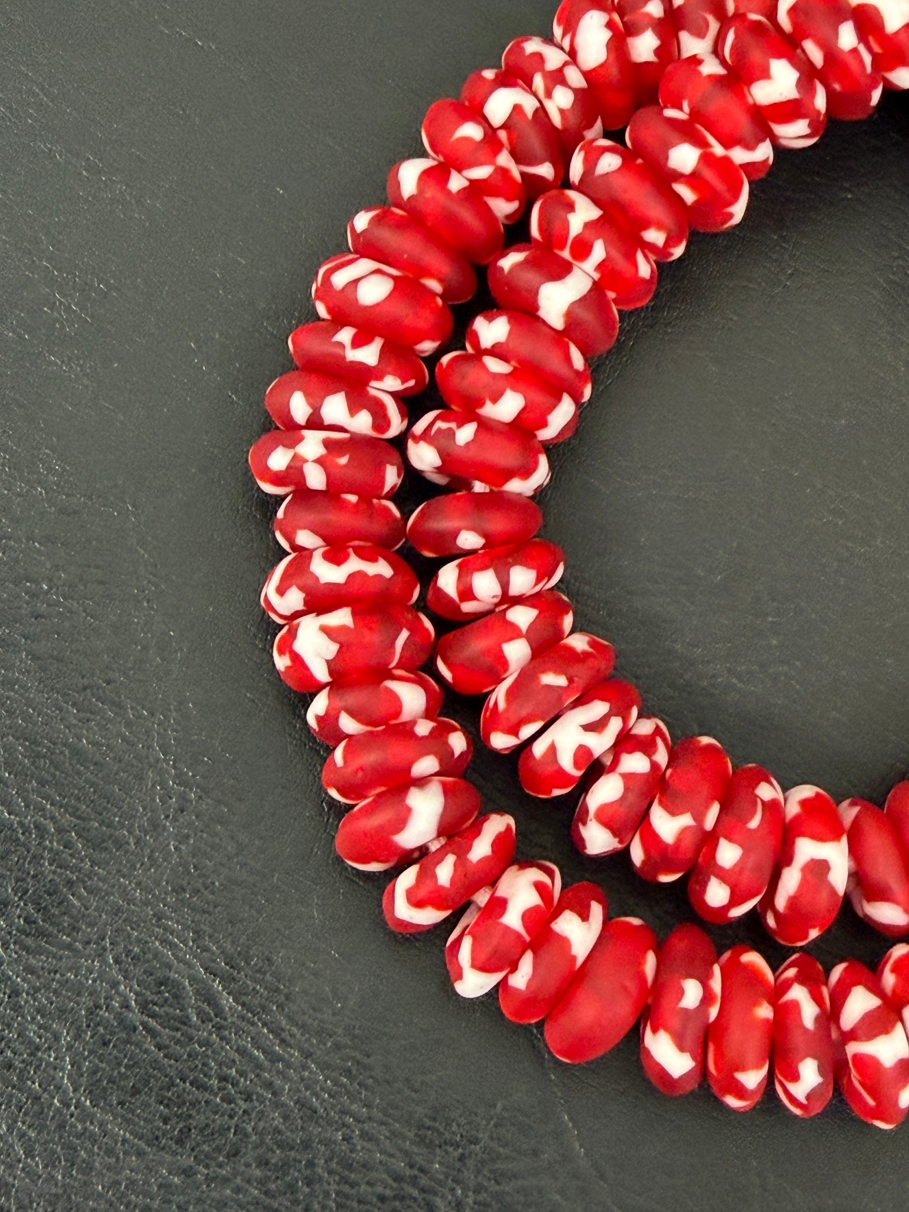 Authentic Ghana Fused Krobo Rondelle Beads – Crimson Red & Ivory Recycled Glass Beads