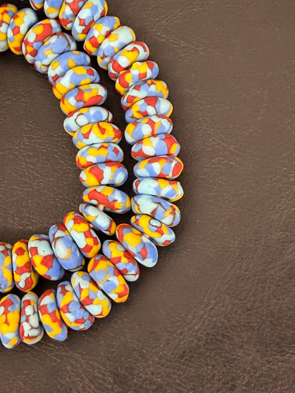 Authentic Ghana Fused Krobo Rondelle Beads – Powder Blue, Golden Yellow & Terracotta Recycled Glass Beads