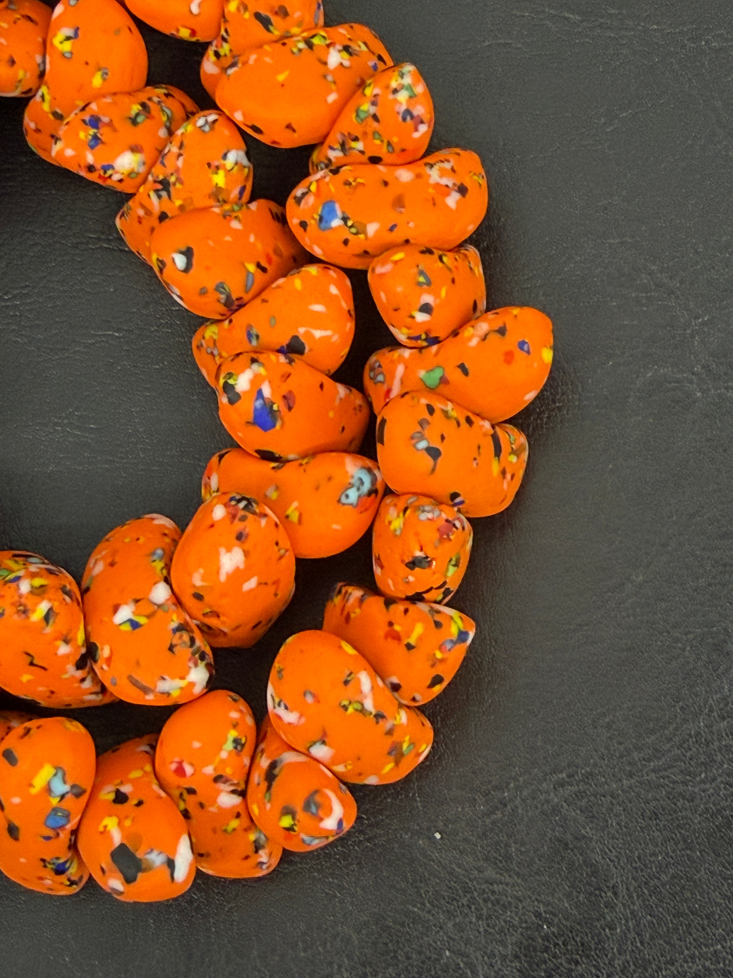 XL Tangerine Orange Confetti Canoe-Shaped Krobo Powdered Glass Beads | Handmade Recycled Glass Beads from Ghana | Large Hole African Designer Beads