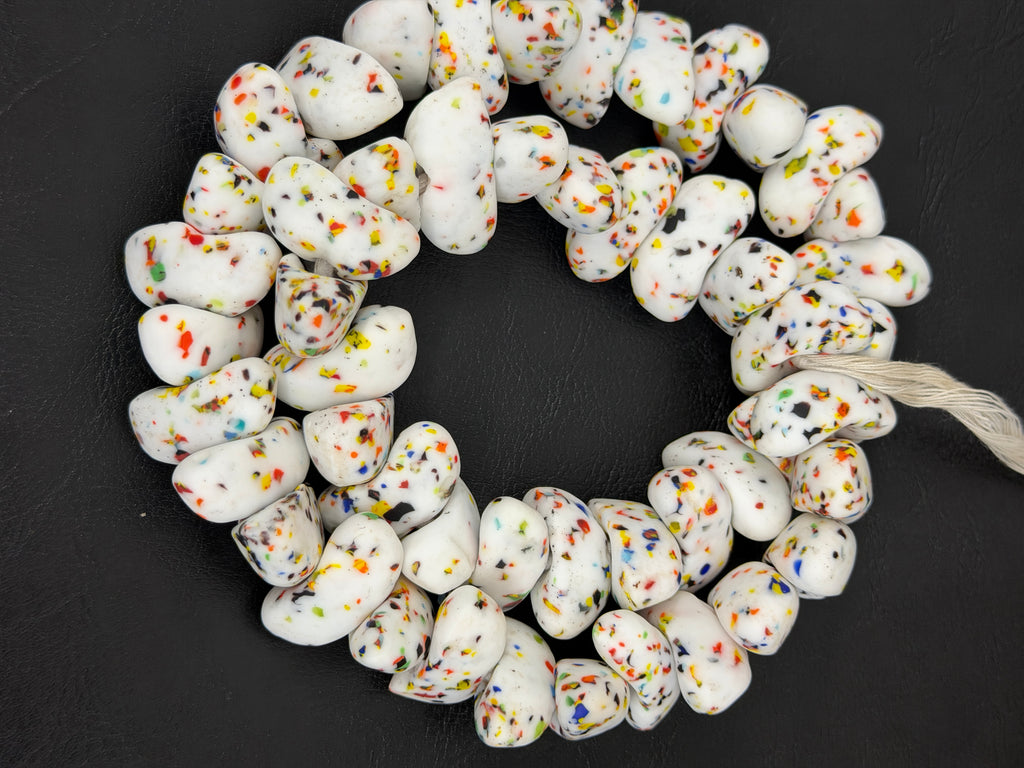XL Confetti Snow Canoe-Shaped Krobo Powdered Glass Beads | White Multicolor Recycled Glass Beads | Handmade African Beads from Ghana
