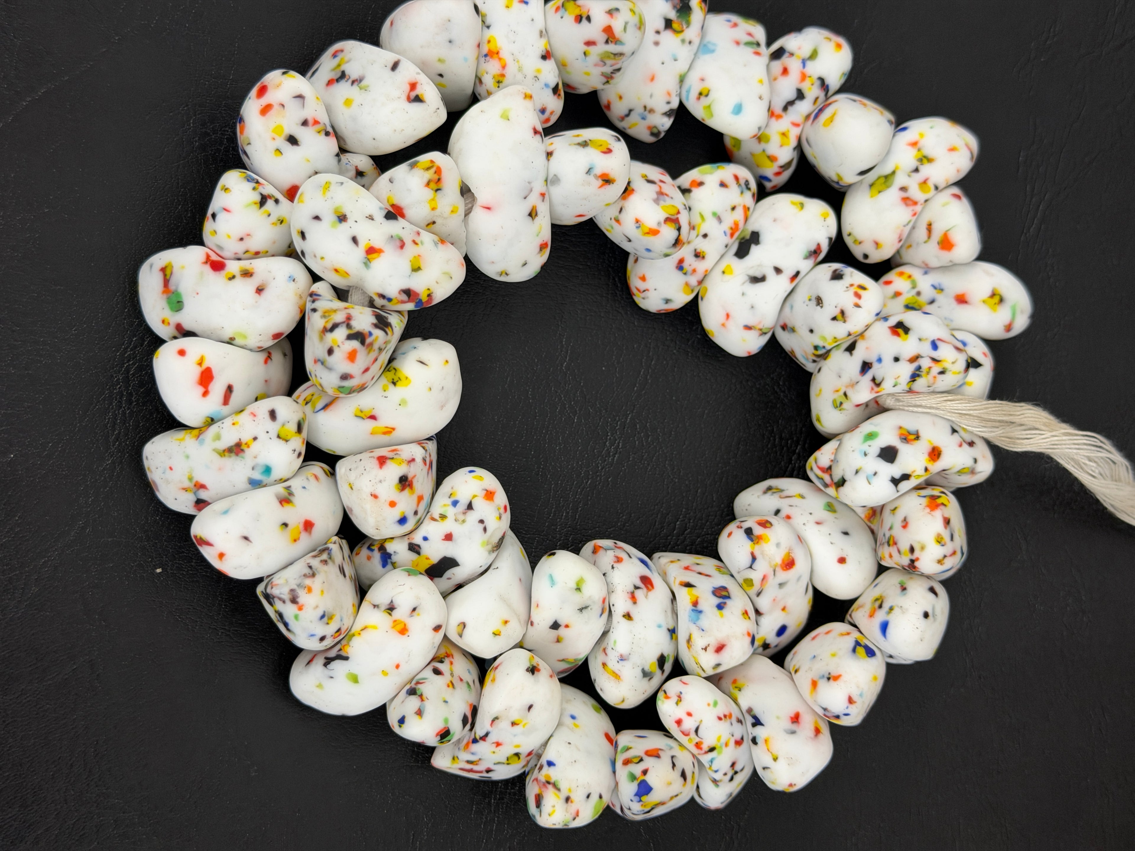XL Confetti Snow Canoe-Shaped Krobo Powdered Glass Beads | White Multicolor Recycled Glass Beads | Handmade African Beads from Ghana