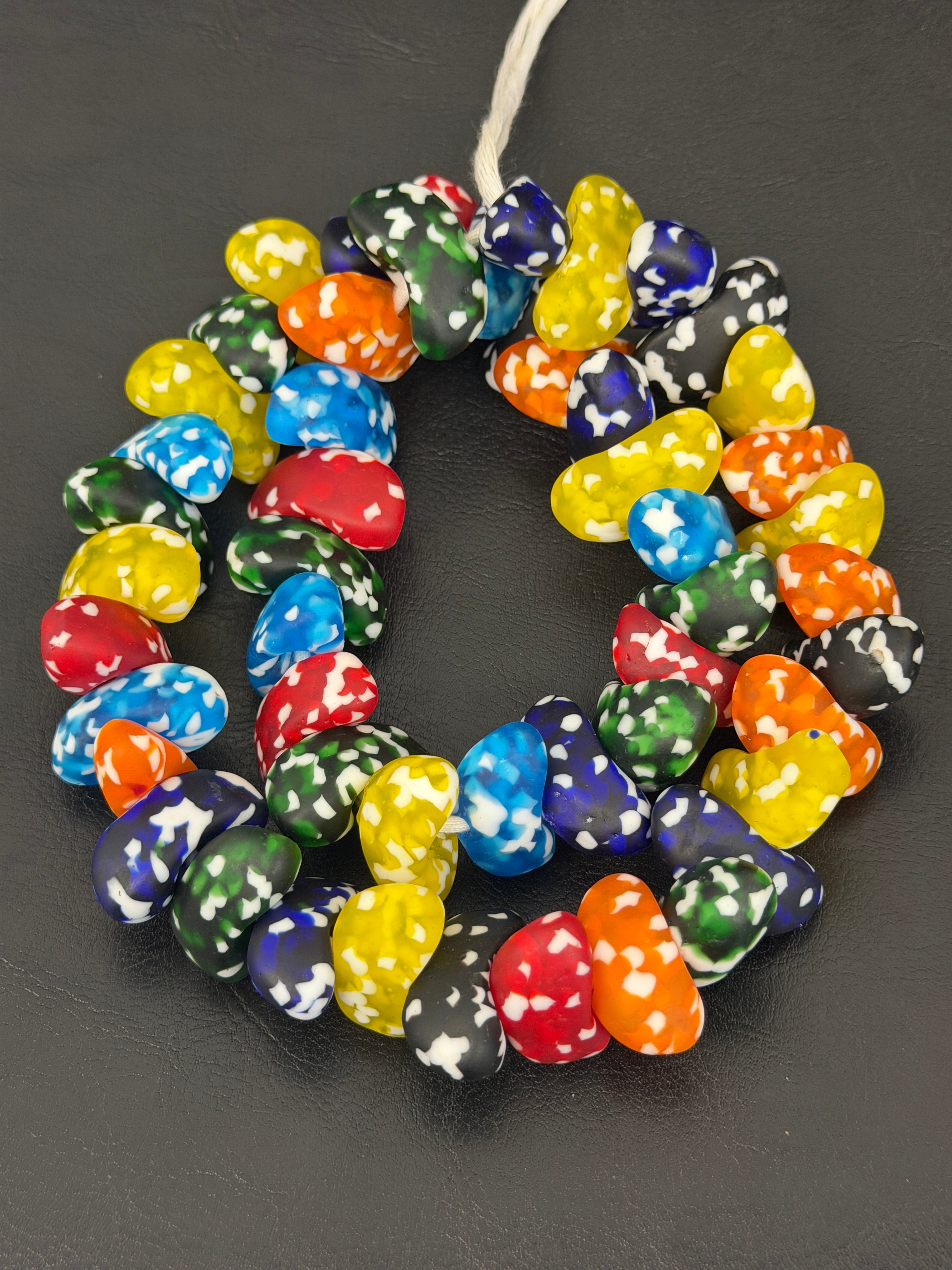 XL Multicolor Canoe-Shaped Krobo Powdered Glass Beads – Rainbow Mosaic African Recycled Glass Beads | Handmade Ghana Glass Beads | Statement Jewelry Beads Strand
