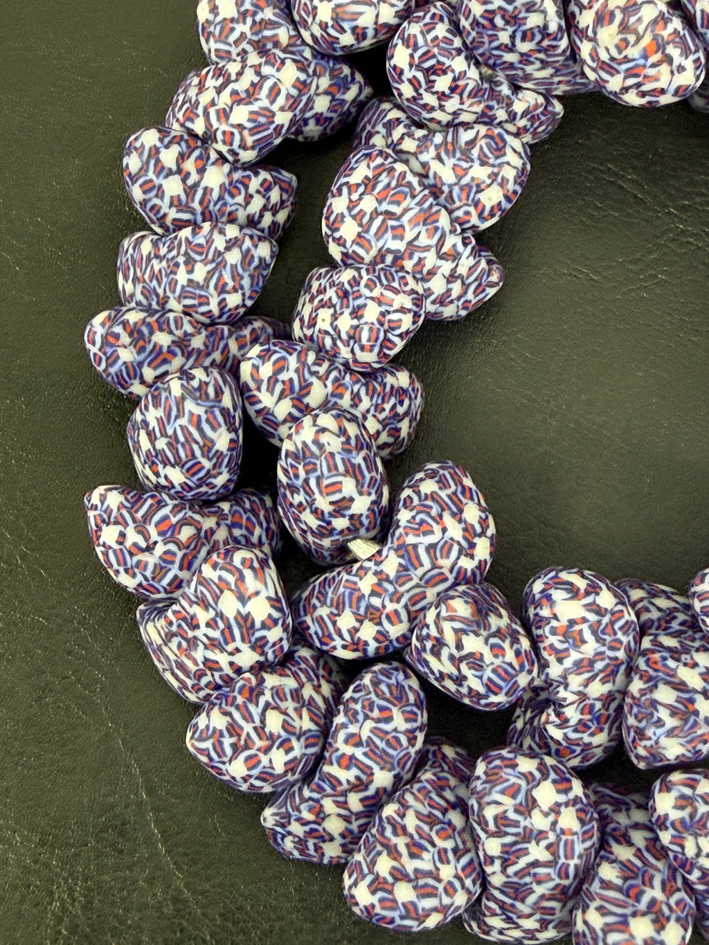 XL Patriotic Mosaic Canoe-Shaped Krobo Powdered Glass Beads – Red White Blue Patterned African Recycled Glass Beads | Handmade Ghana Glass Beads | Statement Jewelry Beads Strand