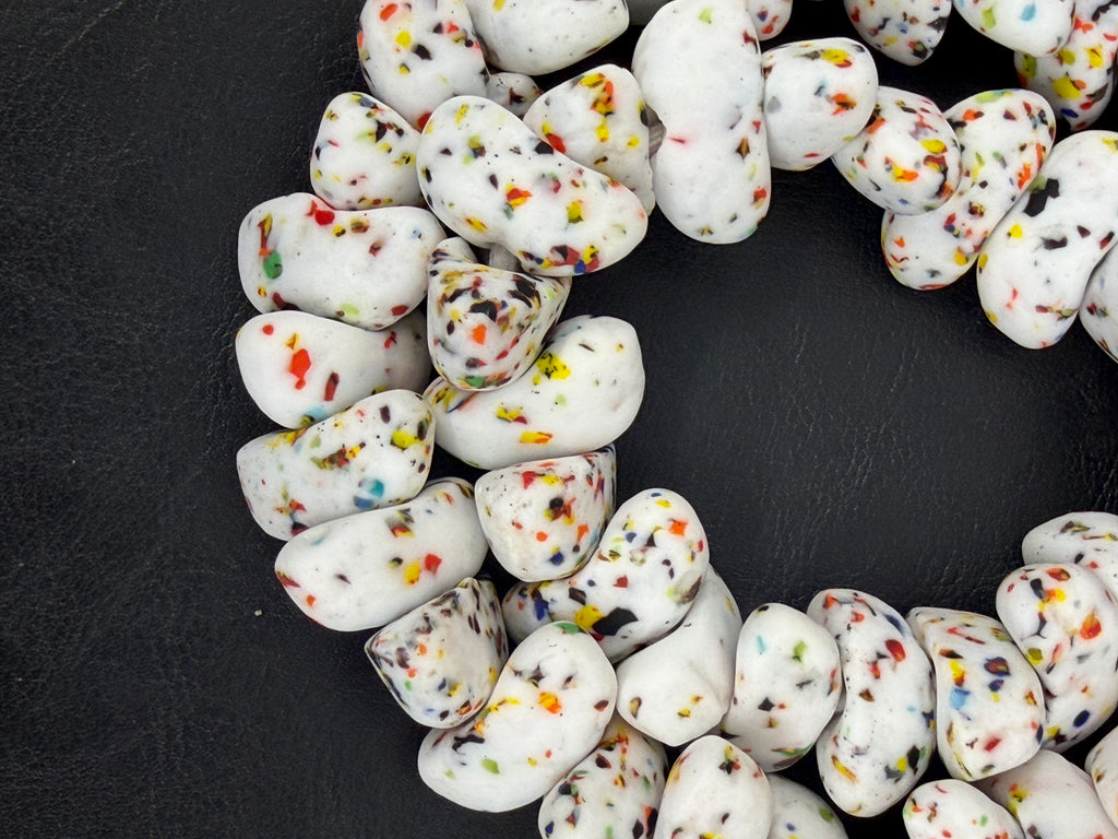 XL Confetti Snow Canoe-Shaped Krobo Powdered Glass Beads | White Multicolor Recycled Glass Beads | Handmade African Beads from Ghana