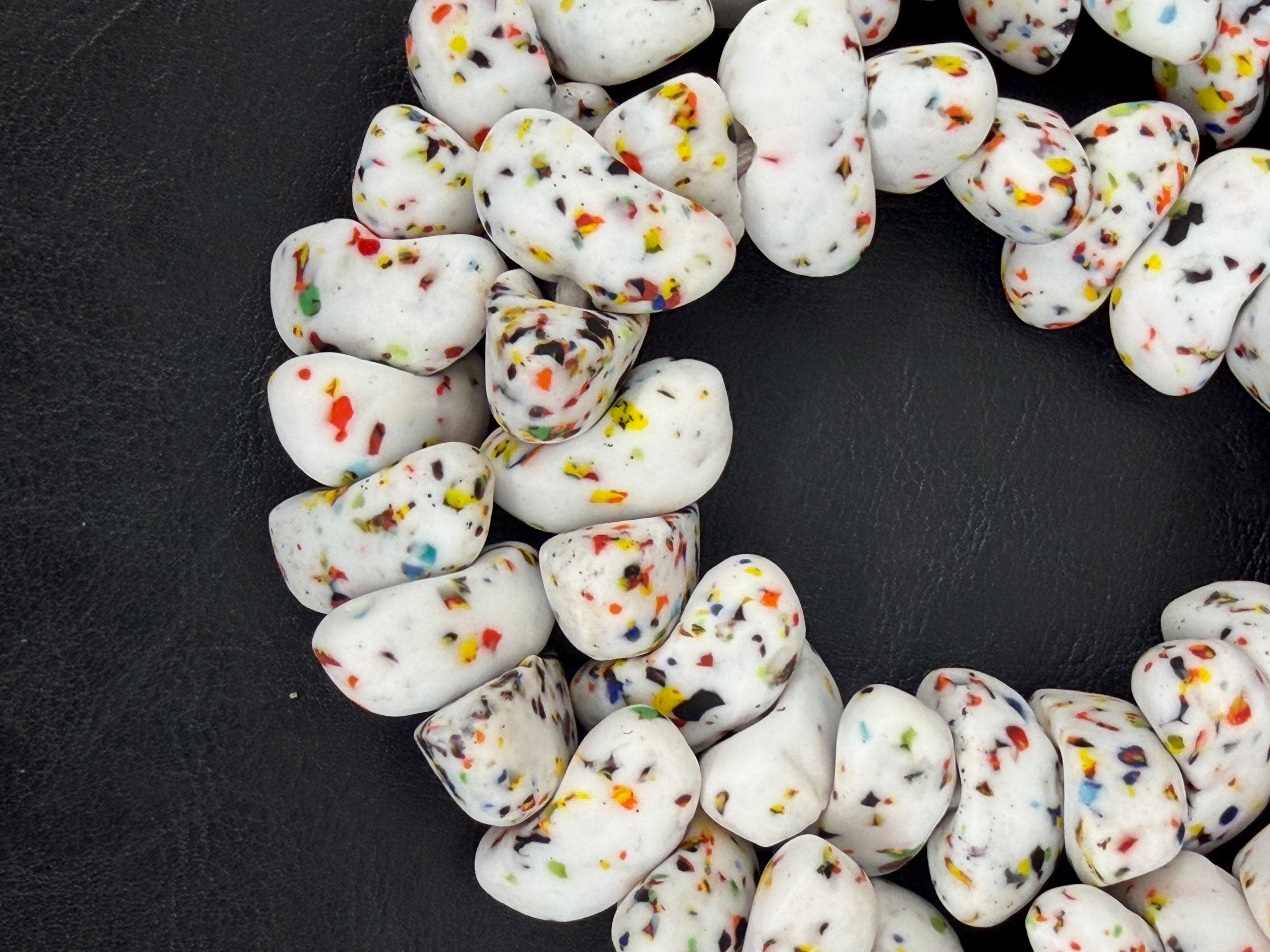 XL Confetti Snow Canoe-Shaped Krobo Powdered Glass Beads | White Multicolor Recycled Glass Beads | Handmade African Beads from Ghana