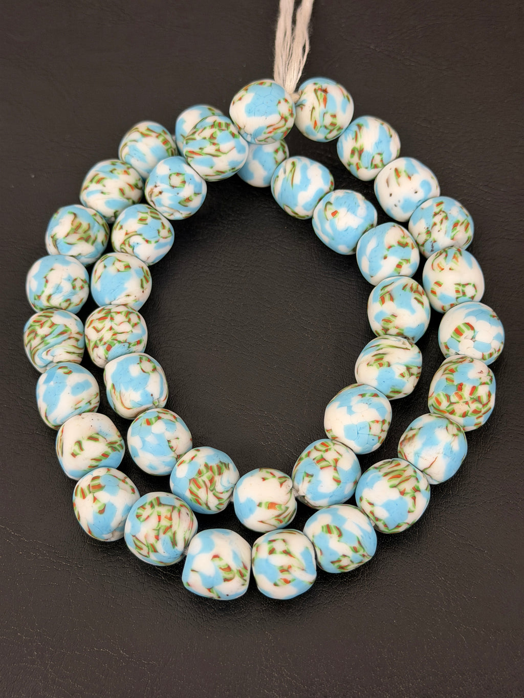 Sky Blue & Ivory Fused Krobo Recycled Glass Beads 12–14mm | Handmade African Glass Beads from Ghana | 44 Beads Per Strand