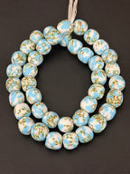 Sky Blue & Ivory Fused Krobo Recycled Glass Beads 12–14mm | Handmade African Glass Beads from Ghana | 44 Beads Per Strand