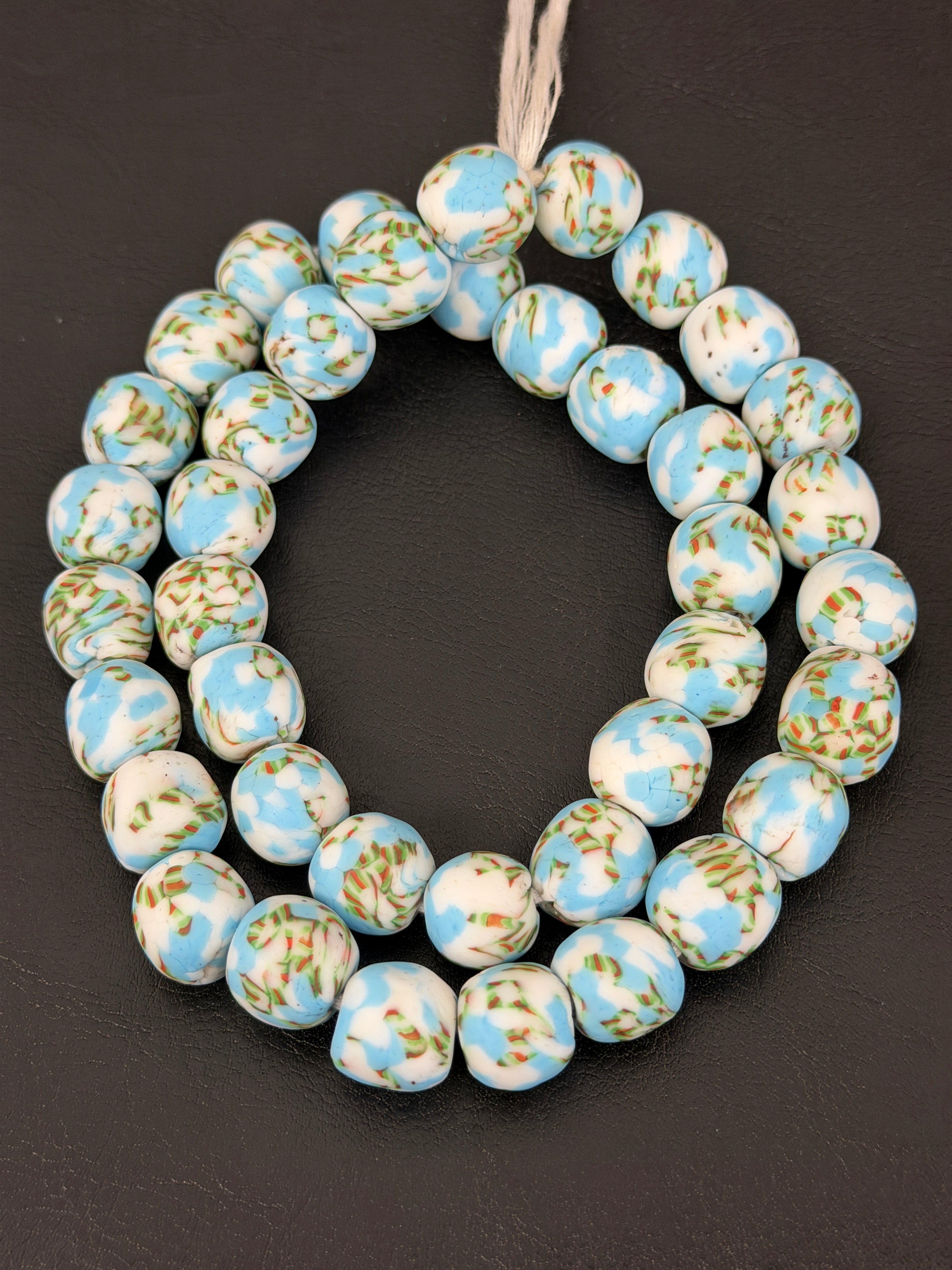 Sky Blue & Ivory Fused Krobo Recycled Glass Beads 12–14mm | Handmade African Glass Beads from Ghana | 44 Beads Per Strand