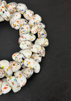 XL Confetti Snow Canoe-Shaped Krobo Powdered Glass Beads | White Multicolor Recycled Glass Beads | Handmade African Beads from Ghana