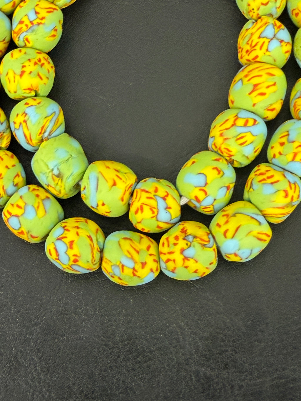 Fused Krobo Recycled Glass Beads 12–14mm | Pistachio Green Blue Yellow Handmade African Glass Beads from Ghana