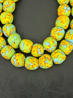 Fused Krobo Recycled Glass Beads 12–14mm | Pistachio Green Blue Yellow Handmade African Glass Beads from Ghana