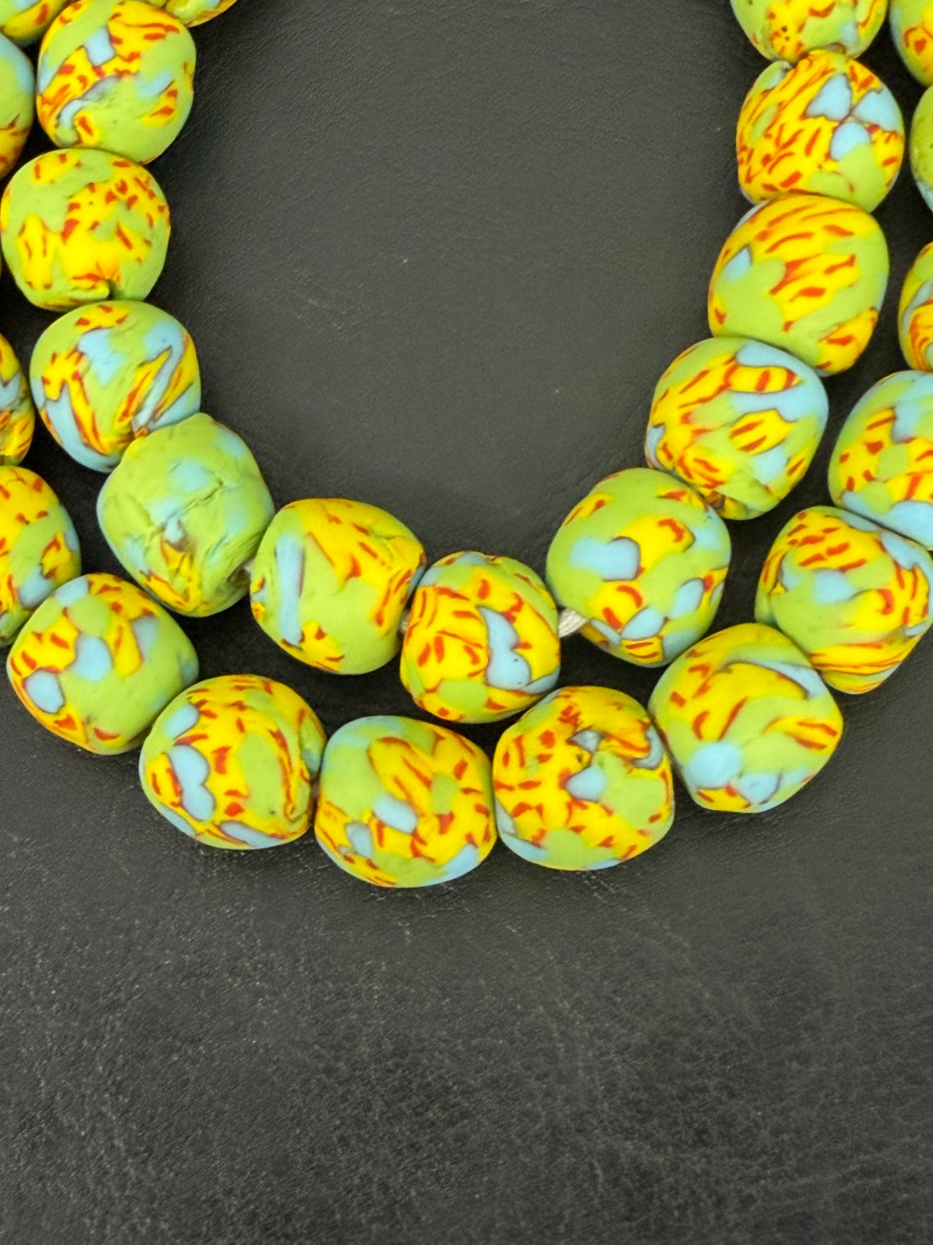 Fused Krobo Recycled Glass Beads 12–14mm | Pistachio Green Blue Yellow Handmade African Glass Beads from Ghana