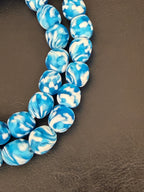 Fused Krobo Recycled Glass Beads 12–14mm | Aqua Blue & Ivory Handmade African Glass Beads from Ghana