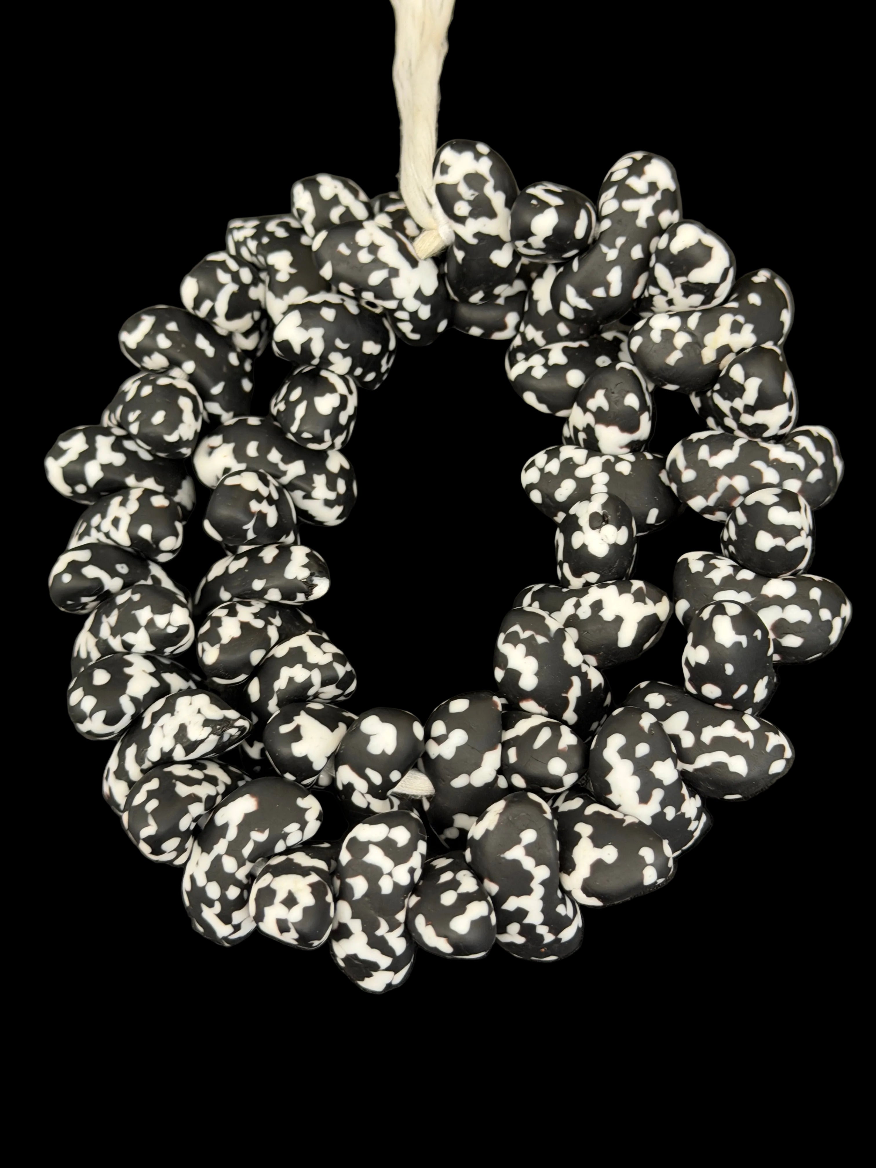 XL Black & White Canoe-Shaped Krobo Powdered Glass Beads – African Recycled Glass Statement Beads | Handmade Ghana Glass Beads | Designer Jewelry Making Strand