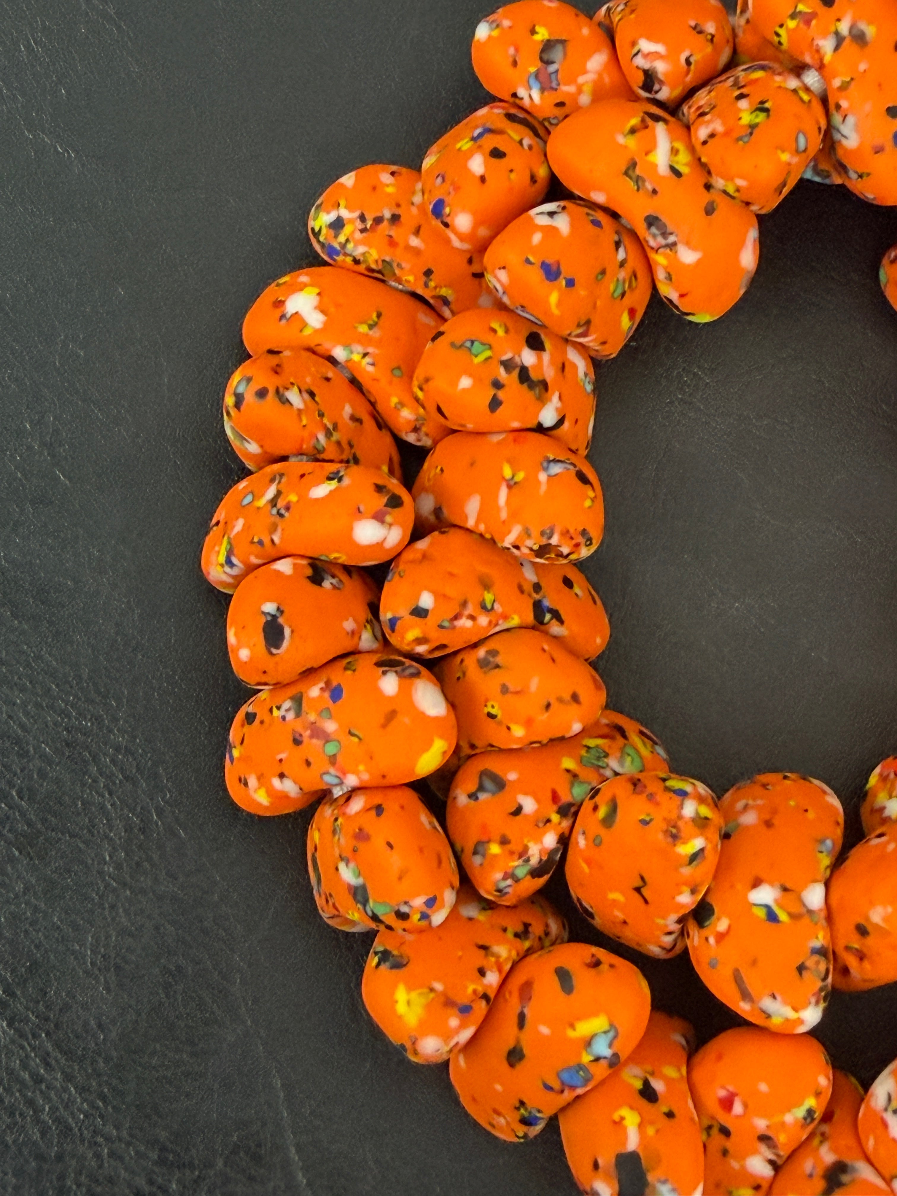 XL Tangerine Orange Confetti Canoe-Shaped Krobo Powdered Glass Beads | Handmade Recycled Glass Beads from Ghana | Large Hole African Designer Beads