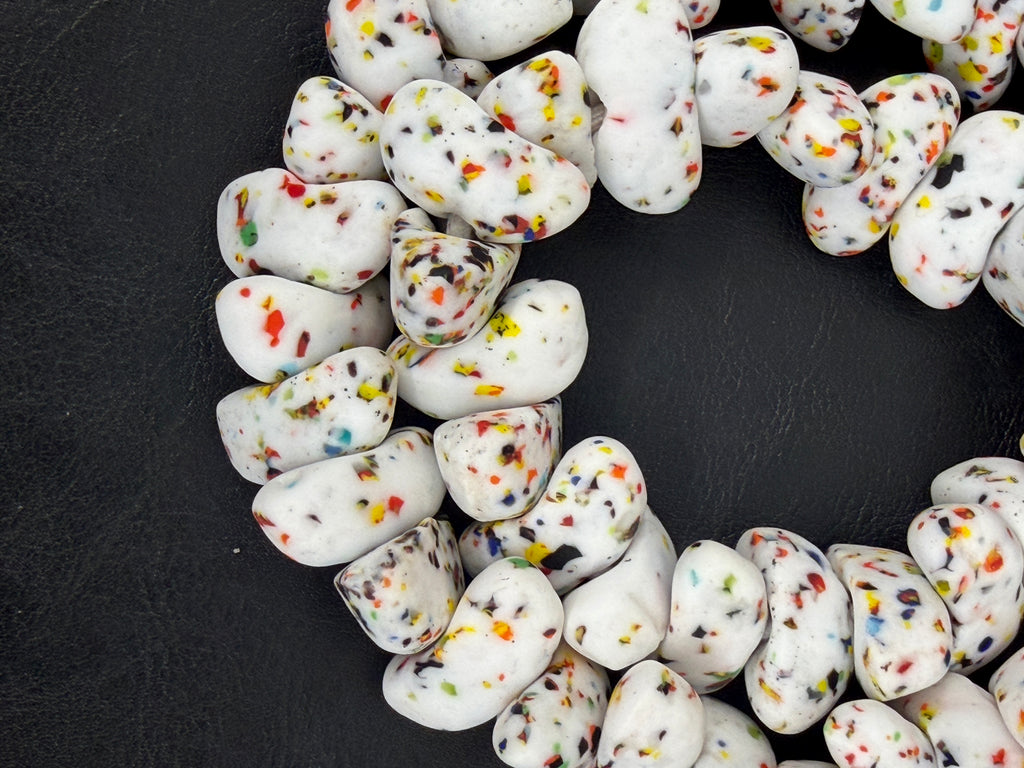 XL Confetti Snow Canoe-Shaped Krobo Powdered Glass Beads | White Multicolor Recycled Glass Beads | Handmade African Beads from Ghana