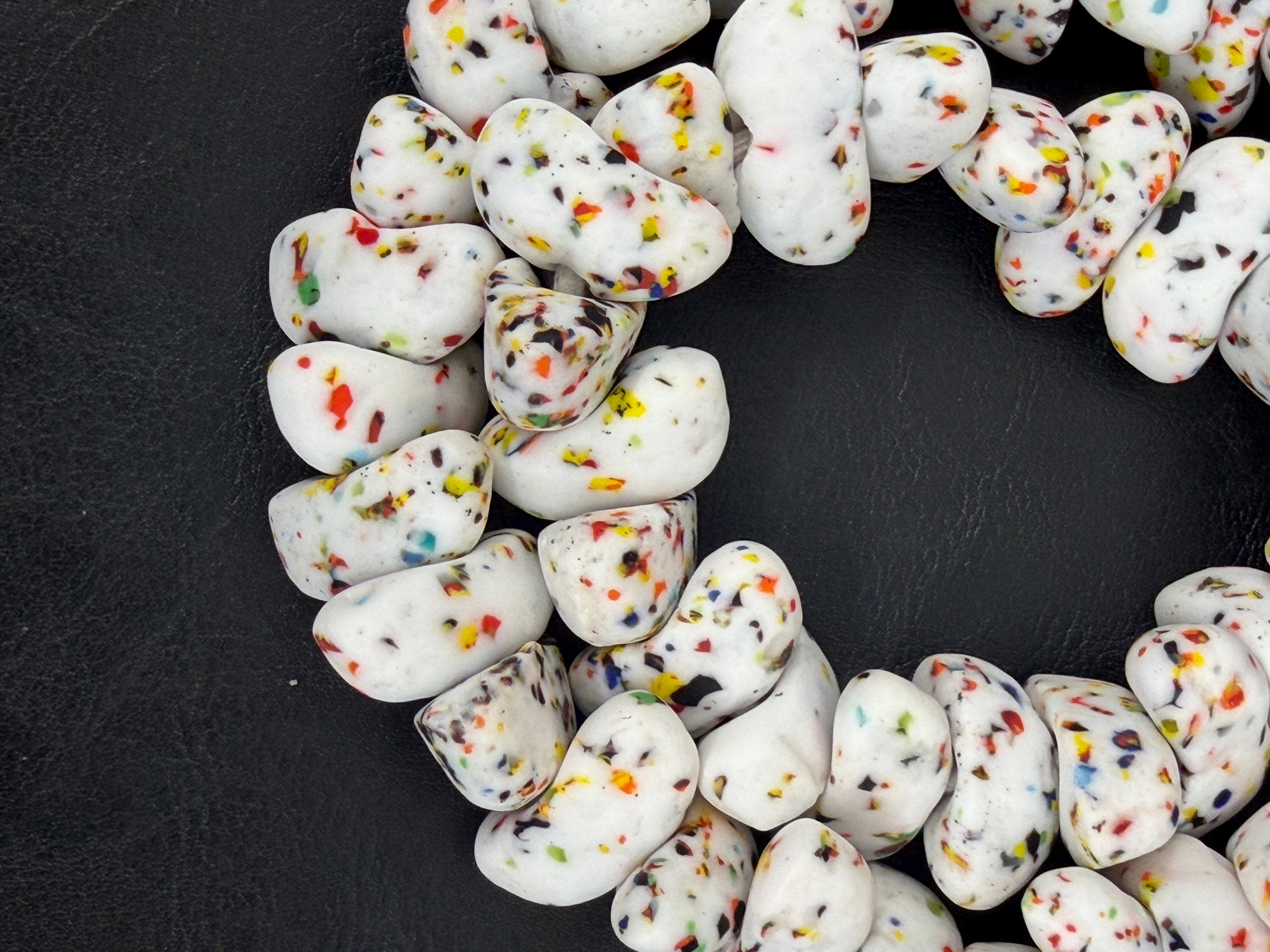 XL Confetti Snow Canoe-Shaped Krobo Powdered Glass Beads | White Multicolor Recycled Glass Beads | Handmade African Beads from Ghana