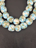 Sky Blue & Ivory Fused Krobo Recycled Glass Beads 12–14mm | Handmade African Glass Beads from Ghana | 44 Beads Per Strand