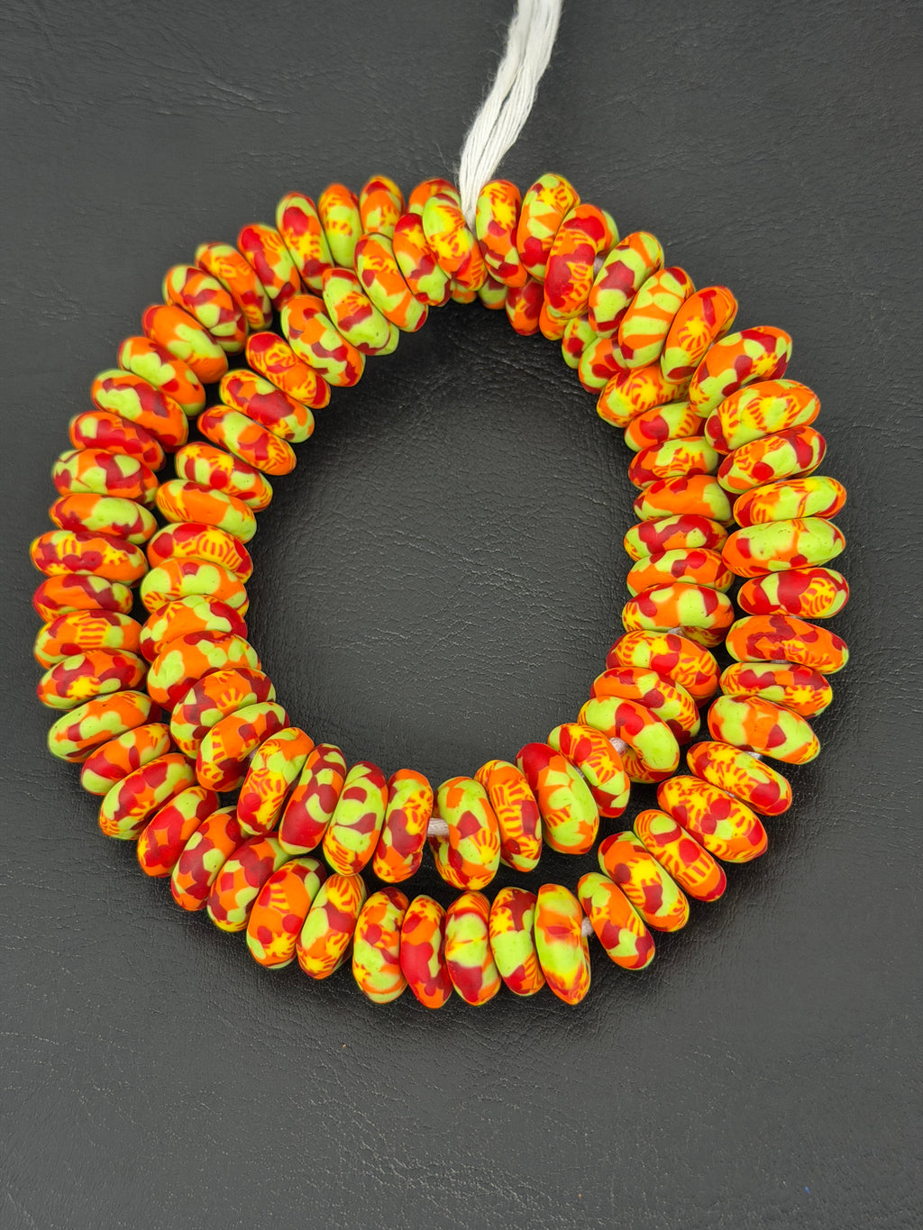 Handmade Orange, Lime Green & Crimson Fused Krobo Rondelle Recycled Glass Beads | Sustainable African Designer Beads