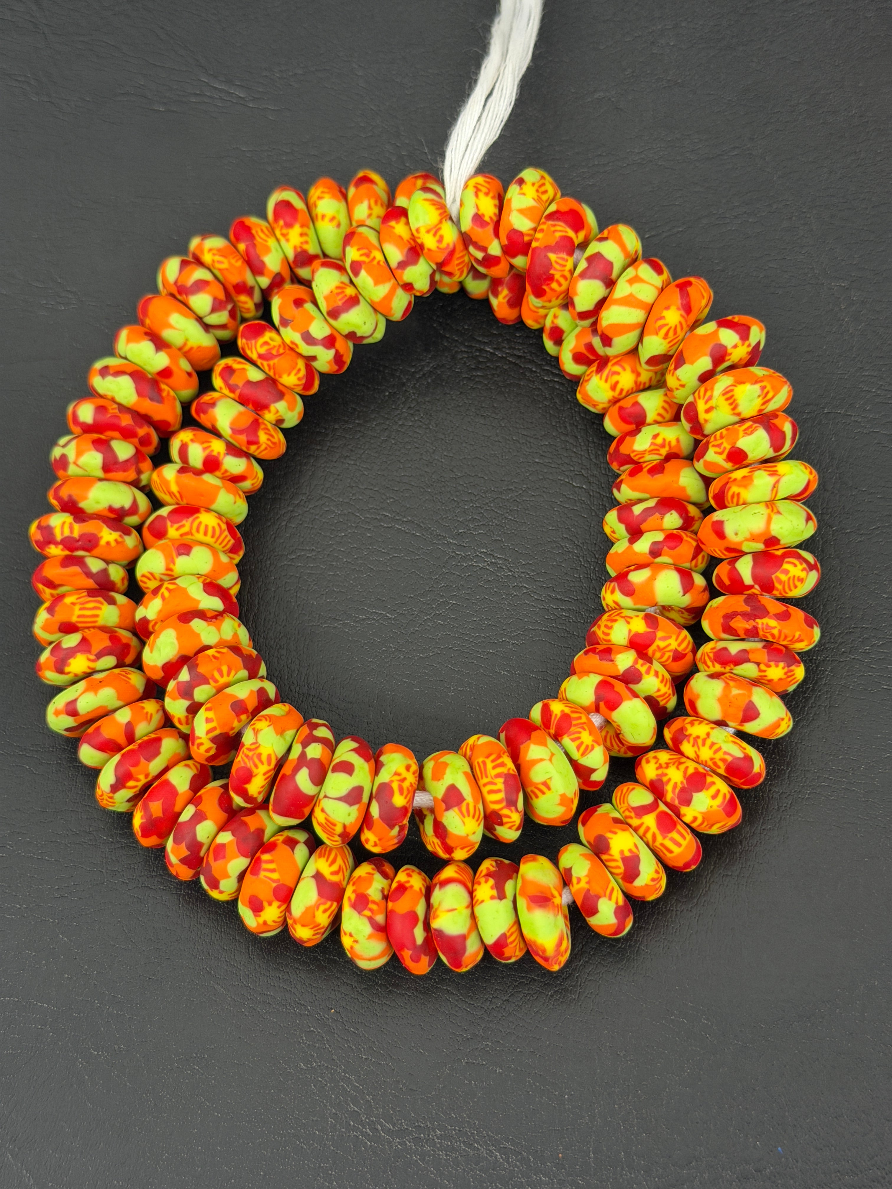 Handmade Orange, Lime Green & Crimson Fused Krobo Rondelle Recycled Glass Beads | Sustainable African Designer Beads