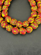 Fused Krobo Recycled Glass Beads 12–14mm | Crimson Red Yellow Handmade African Glass Beads from Ghana