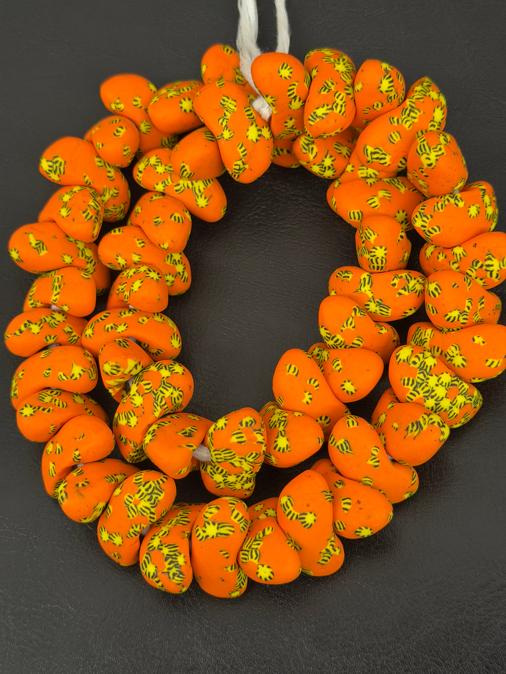 XL Orange Canoe-Shaped Krobo Powdered Glass Beads – Orange & Yellow Patterned African Recycled Glass Beads | Handmade Ghana Glass Beads | Statement Jewelry Beads Strand