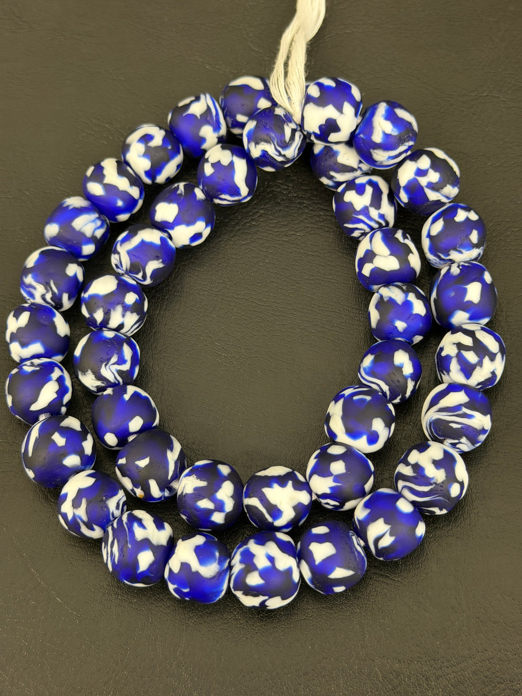Fused Krobo Recycled Glass Beads 12–14mm | Cobalt Blue, Ivory & Black Handmade African Glass Beads from Ghana