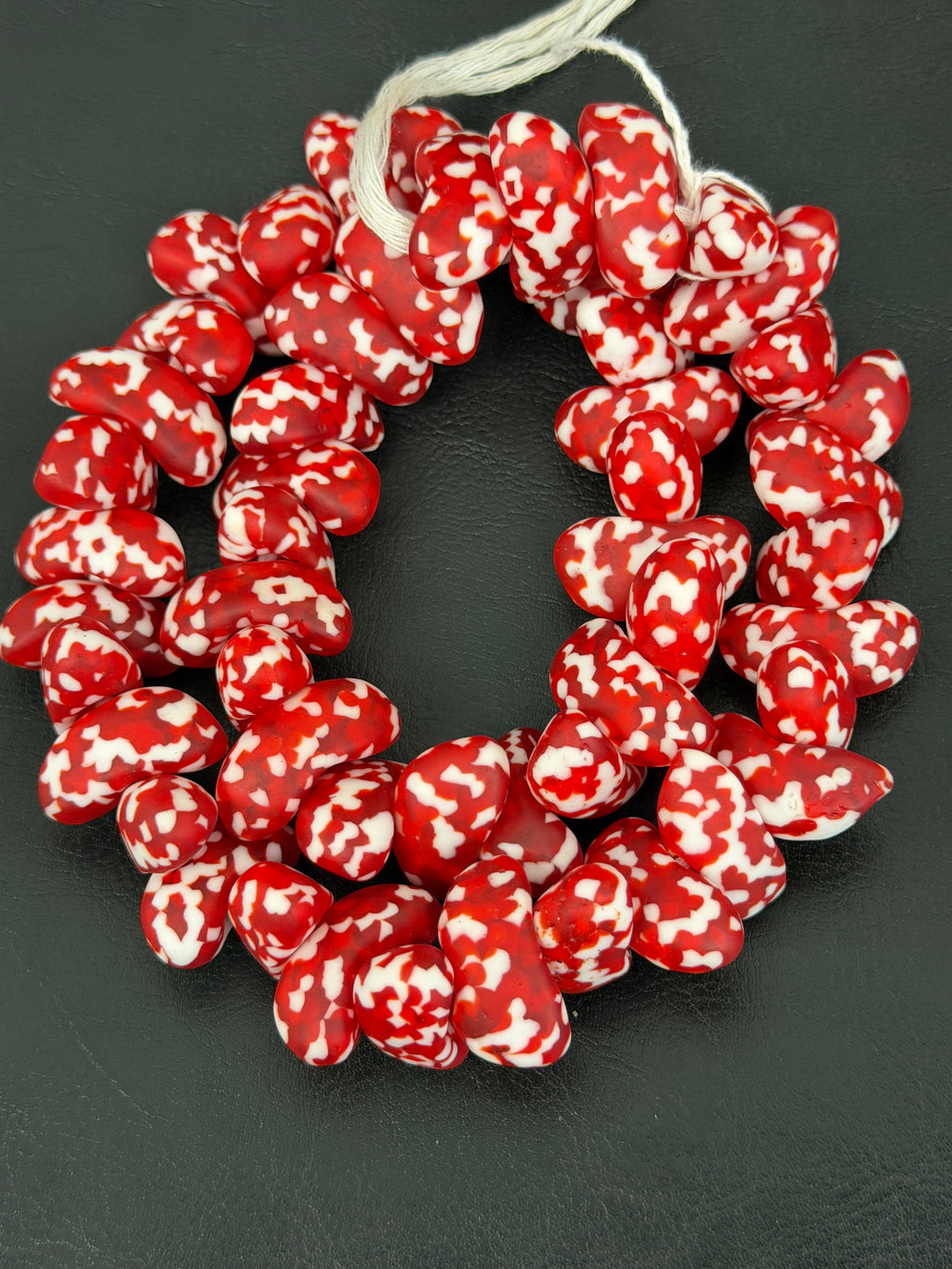 XL Red & Ivory Canoe-Shaped Krobo Powdered Glass Beads | Handmade Recycled Glass Beads from Ghana | Large Hole African Designer Beads