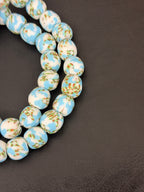 Sky Blue & Ivory Fused Krobo Recycled Glass Beads 12–14mm | Handmade African Glass Beads from Ghana | 44 Beads Per Strand