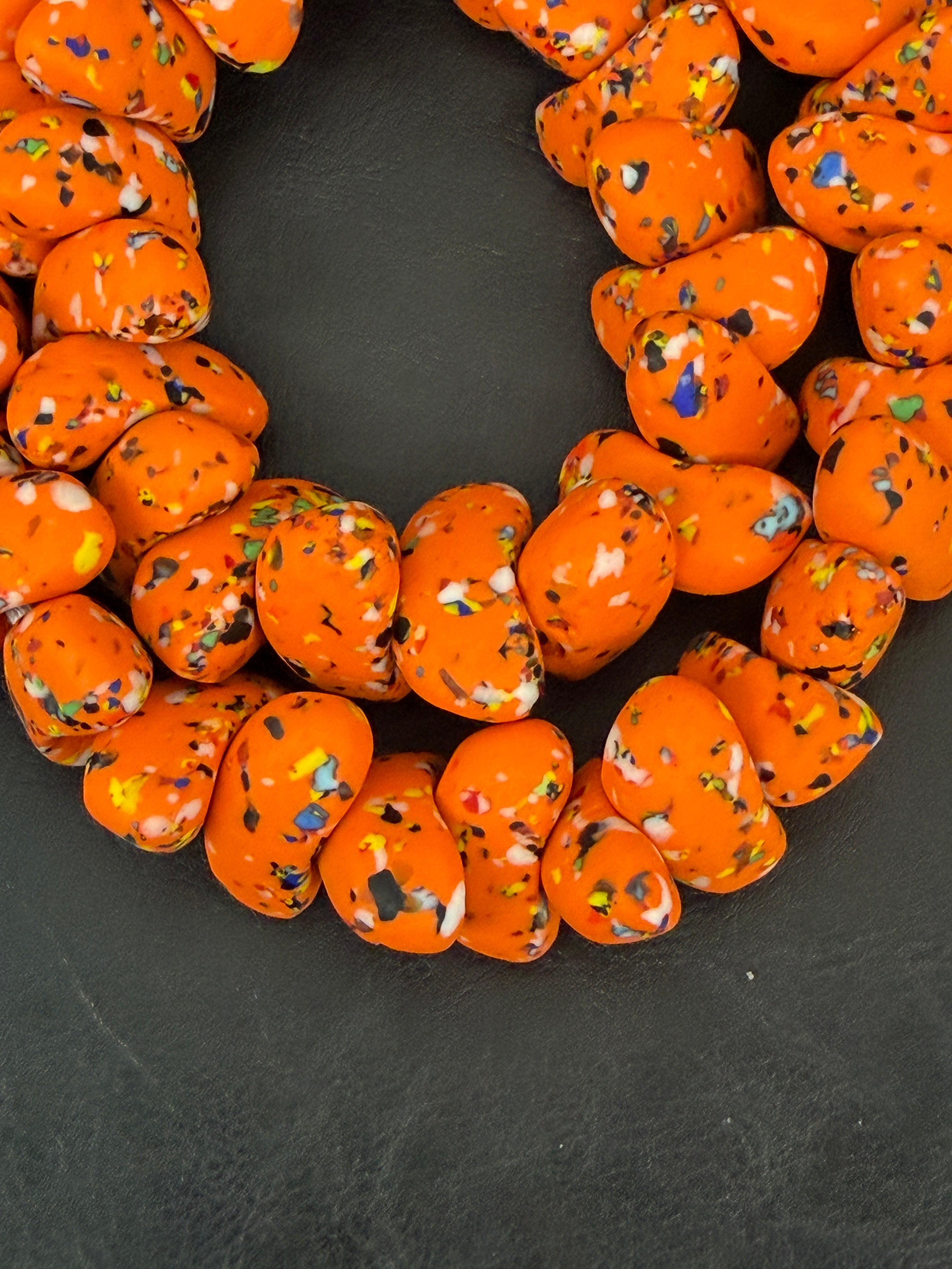 XL Tangerine Orange Confetti Canoe-Shaped Krobo Powdered Glass Beads | Handmade Recycled Glass Beads from Ghana | Large Hole African Designer Beads
