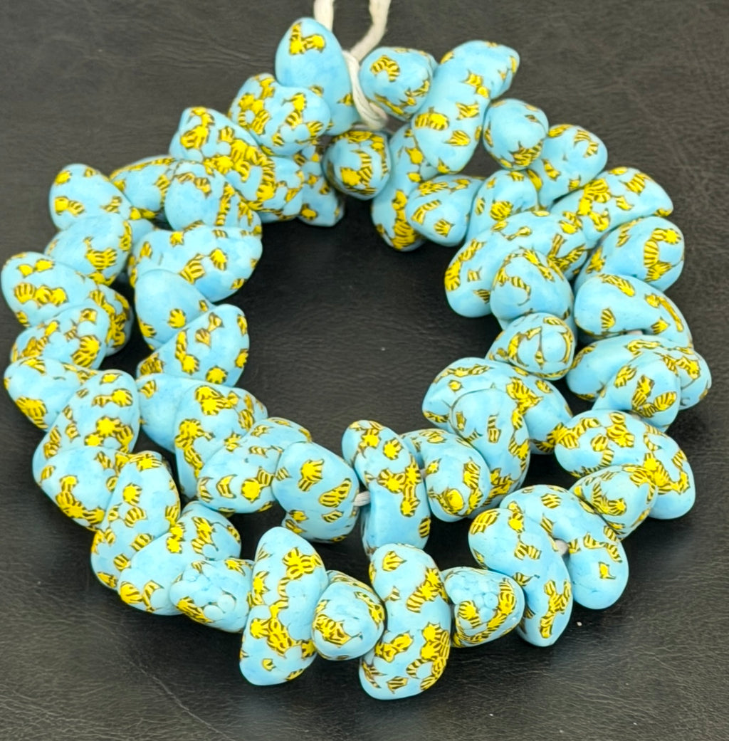XL Sky Blue, Black & Golden Yellow Canoe-Shaped Krobo Powdered Glass Beads | Handmade Recycled Glass Beads from Ghana | Large Hole African Designer Beads