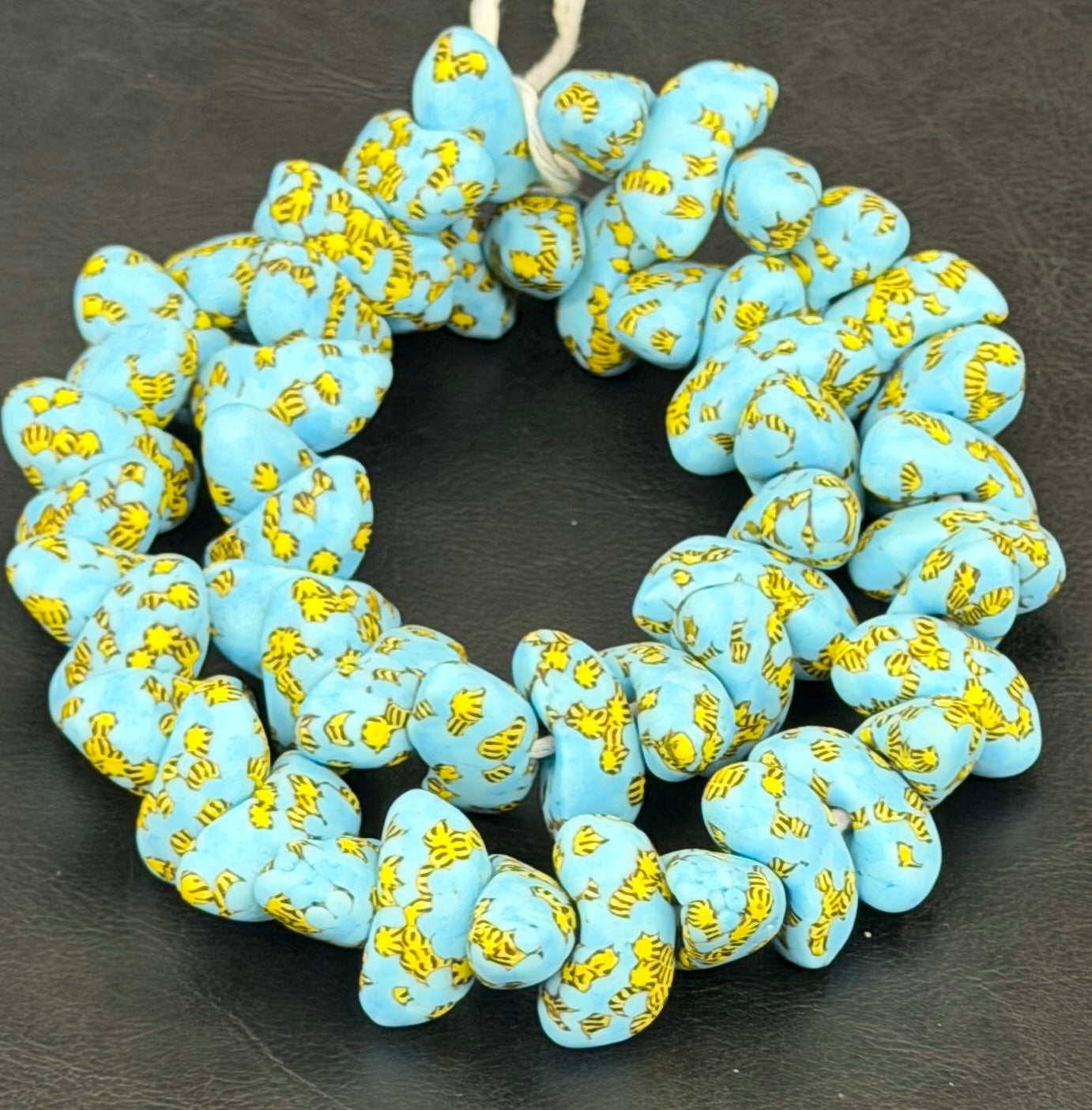 XL Sky Blue, Black & Golden Yellow Canoe-Shaped Krobo Powdered Glass Beads | Handmade Recycled Glass Beads from Ghana | Large Hole African Designer Beads