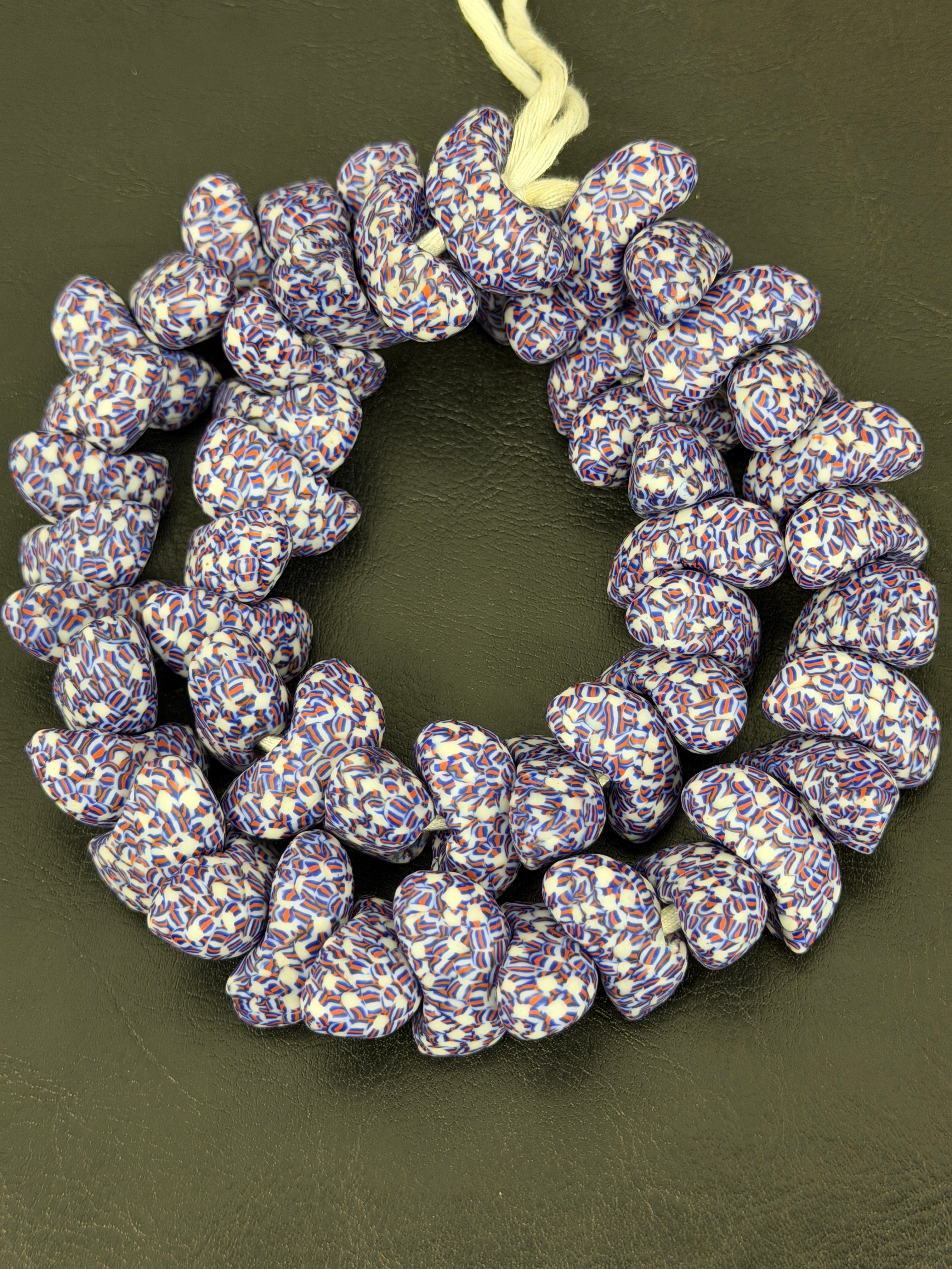 XL Patriotic Mosaic Canoe-Shaped Krobo Powdered Glass Beads – Red White Blue Patterned African Recycled Glass Beads | Handmade Ghana Glass Beads | Statement Jewelry Beads Strand
