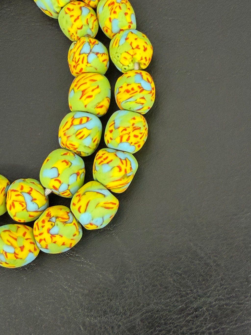 Fused Krobo Recycled Glass Beads 12–14mm | Pistachio Green Blue Yellow Handmade African Glass Beads from Ghana