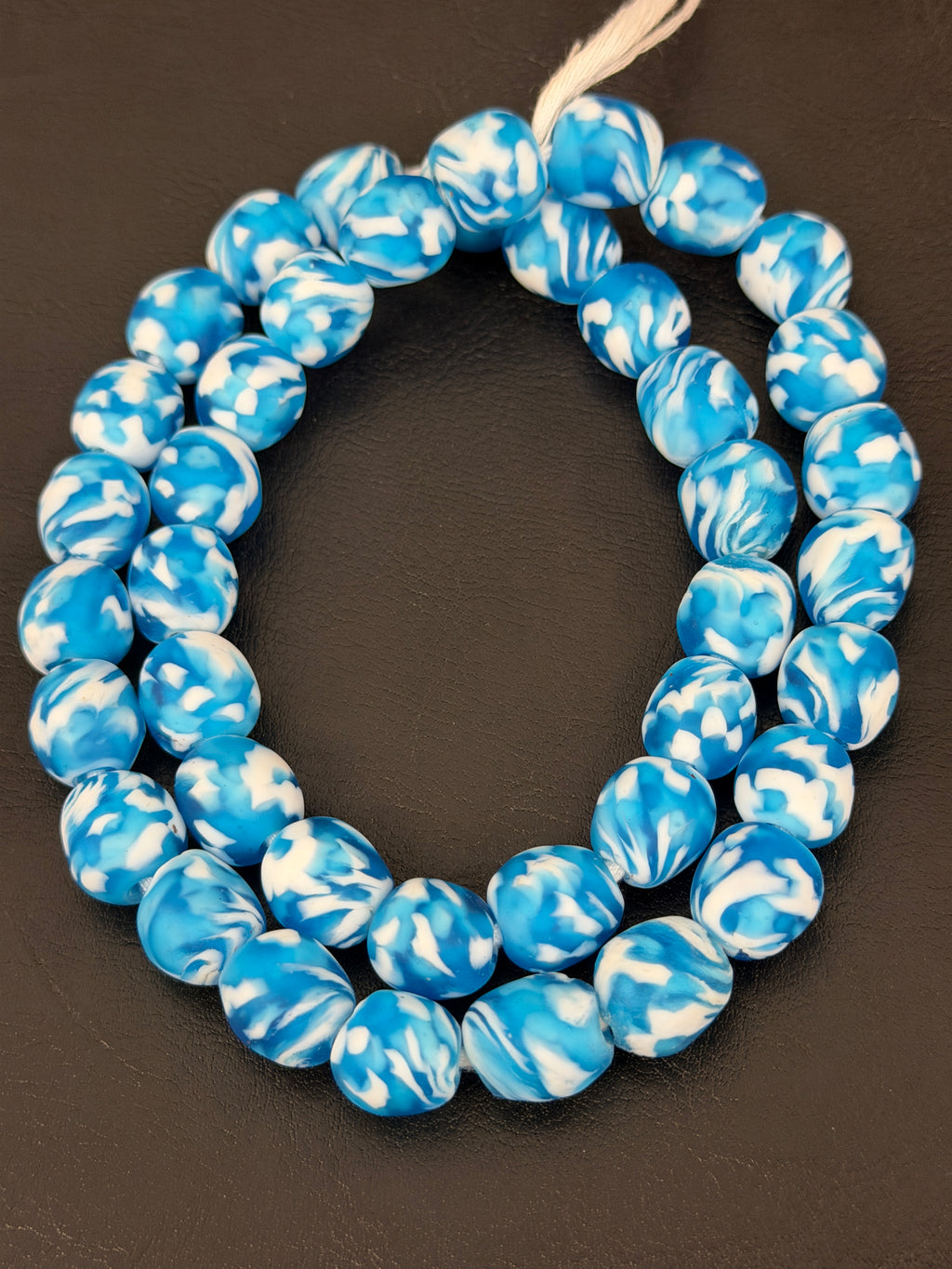 Fused Krobo Recycled Glass Beads 12–14mm | Aqua Blue & Ivory Handmade African Glass Beads from Ghana