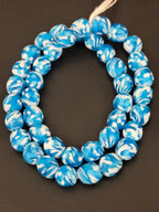 Fused Krobo Recycled Glass Beads 12–14mm | Aqua Blue & Ivory Handmade African Glass Beads from Ghana