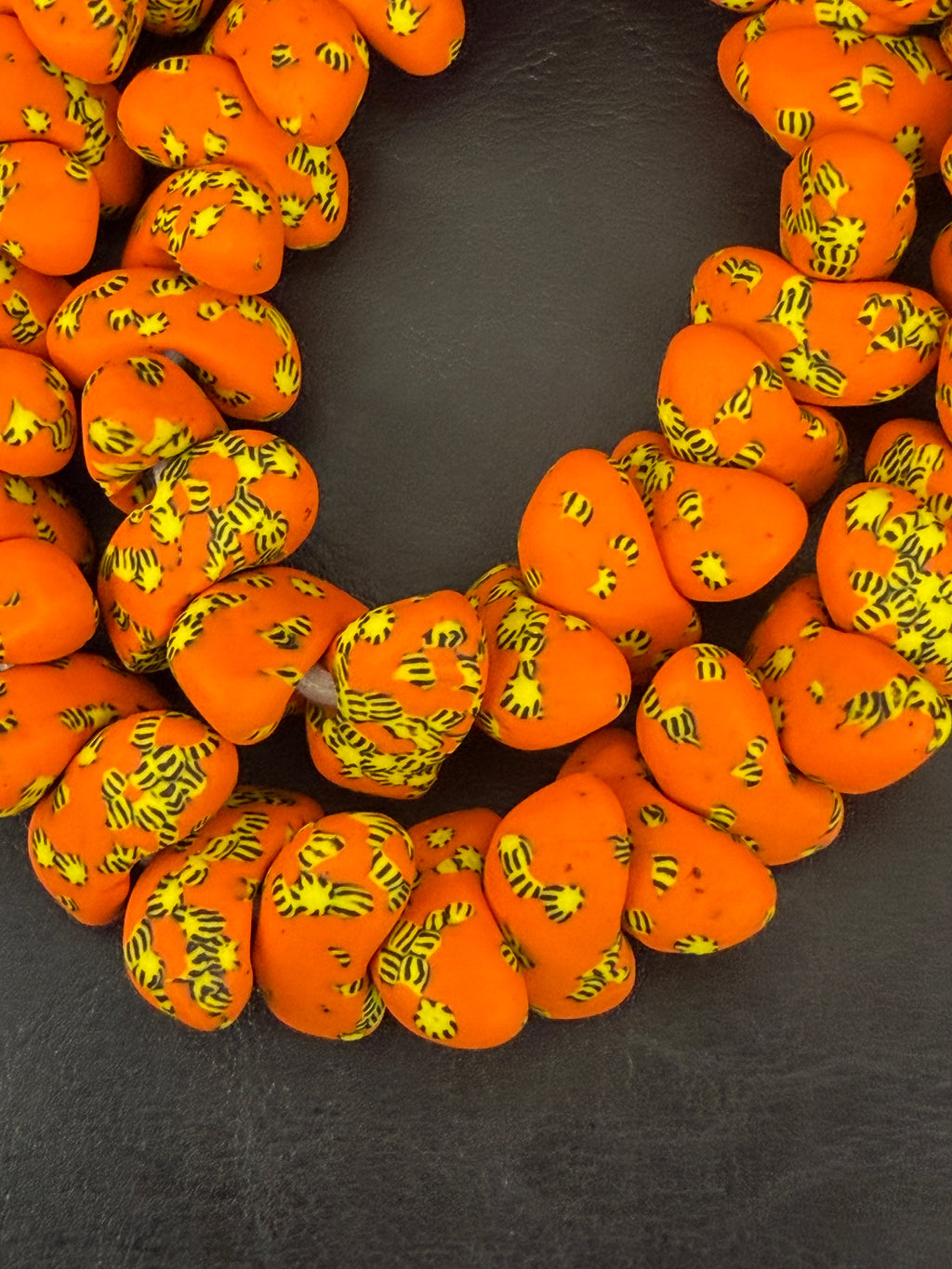 XL Orange Canoe-Shaped Krobo Powdered Glass Beads – Orange & Yellow Patterned African Recycled Glass Beads | Handmade Ghana Glass Beads | Statement Jewelry Beads Strand